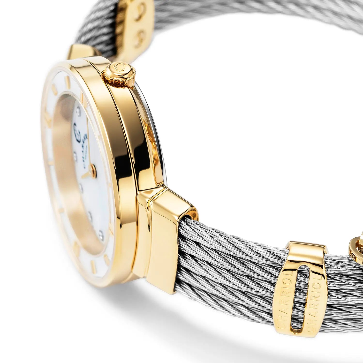 ST TROPEZ, 25MM, CUARZO CALIBRE, PERLA CON 11 DIAMANTES DIAL, ORO AMARILLO PVD BEZEL, ACERO CABLE PULSERA - Charriol Geneve - Watch
