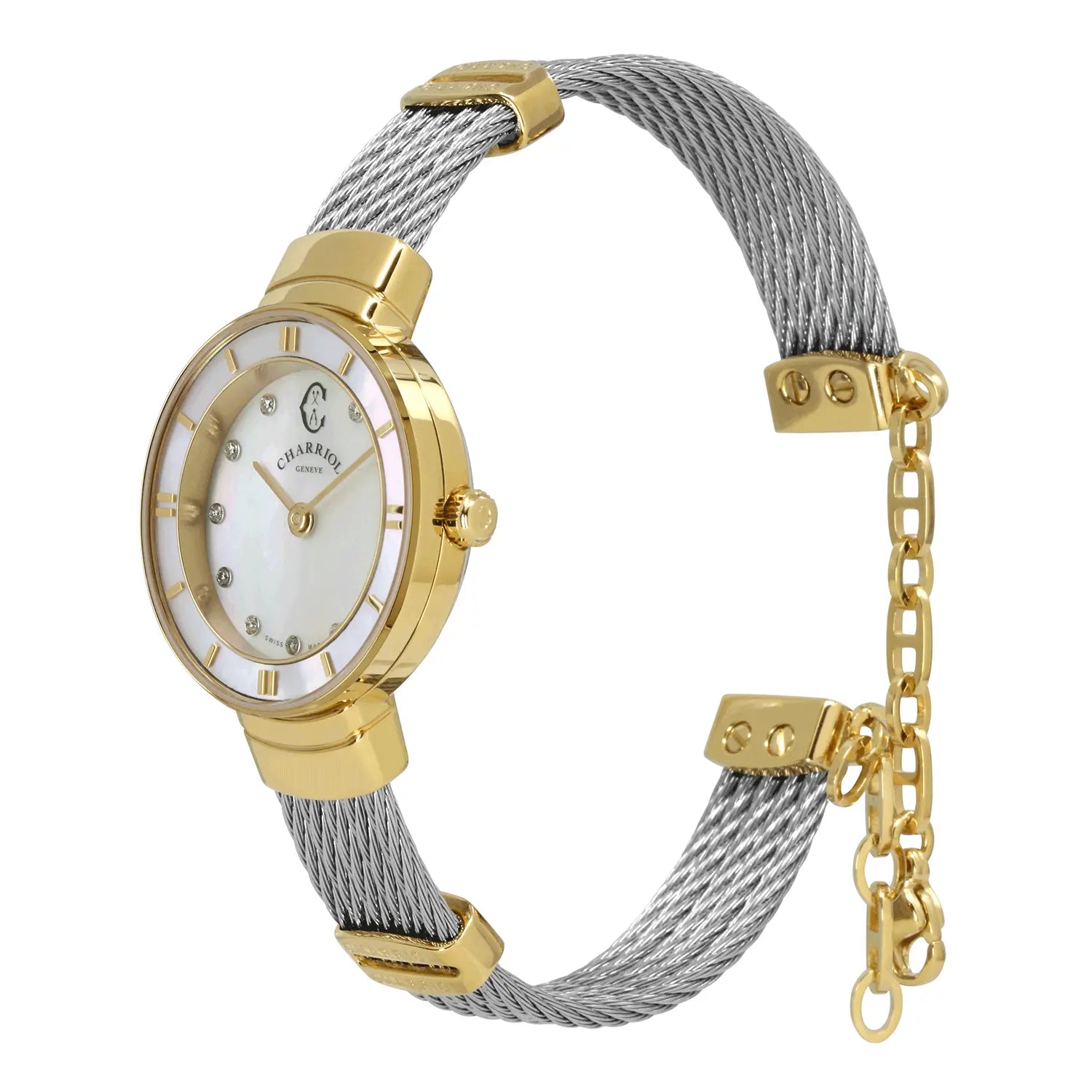 ST TROPEZ, 25MM, CUARZO CALIBRE, PERLA CON 11 DIAMANTES DIAL, ORO AMARILLO PVD BEZEL, ACERO CABLE PULSERA - Charriol Geneve - Watch