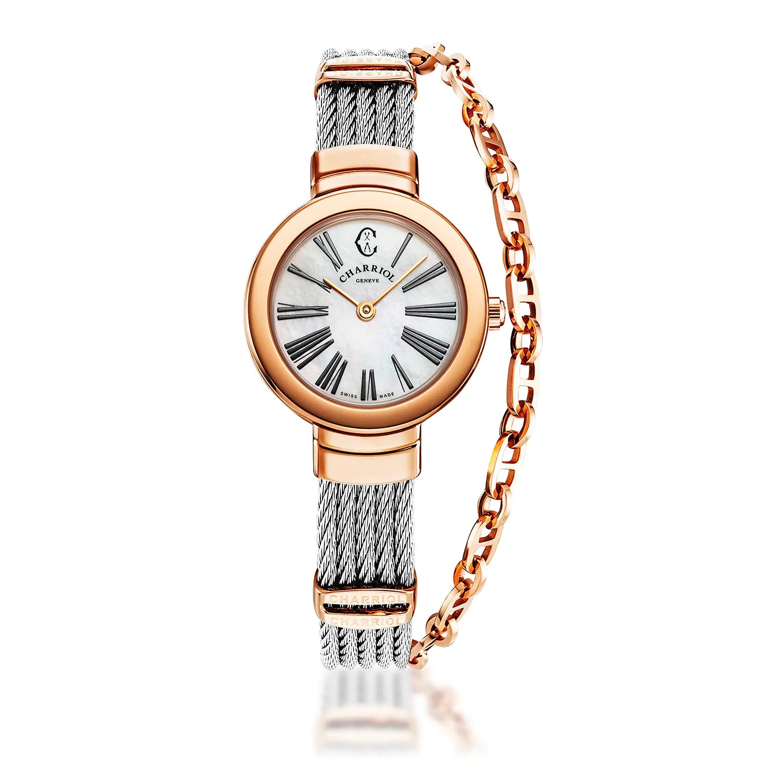 ST TROPEZ, 25MM, QUARTZ CALIBRE, MOTHER-OF-PEARL DIAL, ROSE GOLD PVD BEZEL, STEEL CABLE BRACELET - Charriol Geneve - Watch