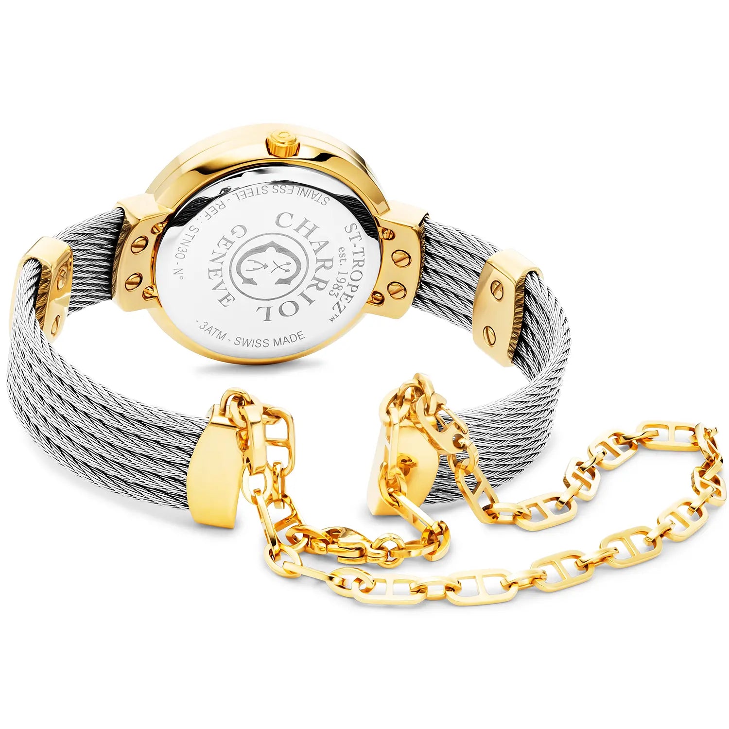 ST TROPEZ, 30MM, CALIBRE CUARZO, DIAL DE PERLA MADRE, "CHARRIOL CHARRIOL " BEZEL, PULSERA DE CABLE DE ACERO - Charriol Geneve - Relojes