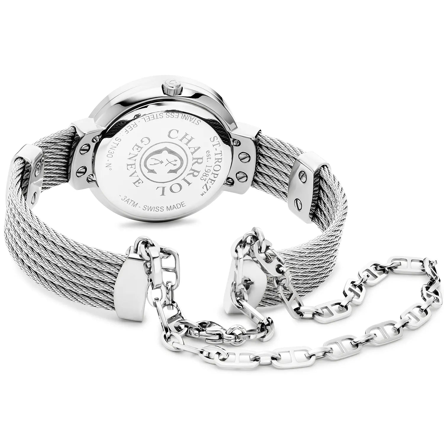 ST TROPEZ, 30MM, CALIBRE CUARZO, DIAL DE PERLA MADRE, "CHARRIOL CHARRIOL " BEZEL, PULSERA DE CABLE DE ACERO - Charriol Geneve - Relojes