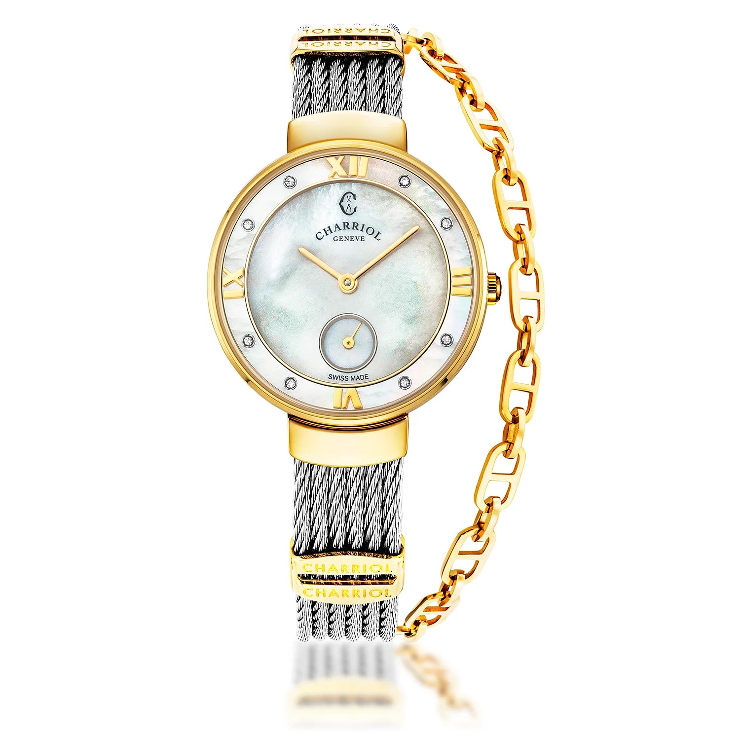 ST TROPEZ, 30MM, QUARTZ CALIBRE, MOTHER-OF-PEARL DIAL, MOTHER-OF-PEARL WITH 8 DIAMONDS BEZEL, STEEL CABLE BRACELET - Charriol Geneve - Watch