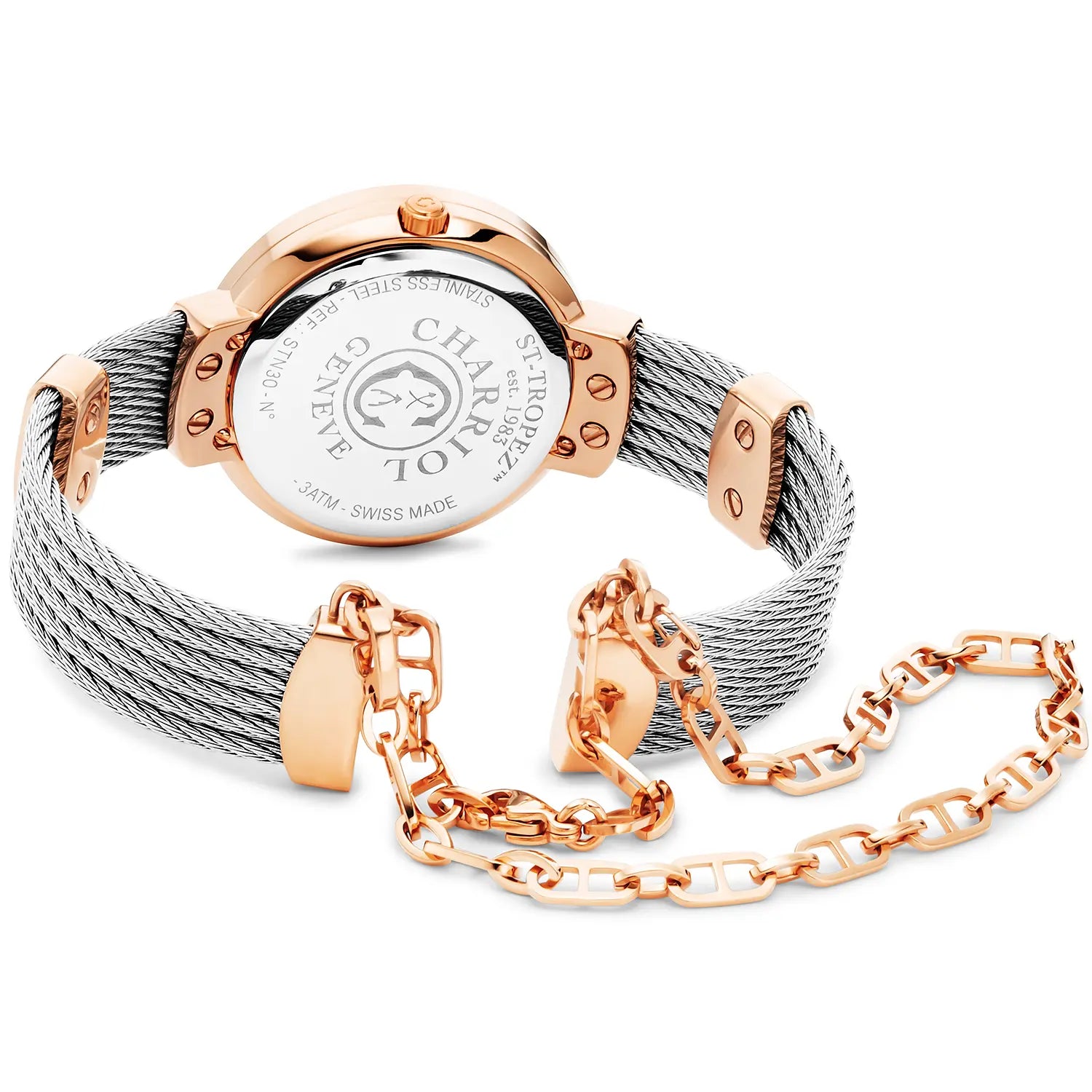 ST TROPEZ, 30MM, QUARTZ CALIBRE, MOTHER-OF-PEARL DIAL, ROSE GOLD PVD WITH 6 SCREWS BEZEL, STEEL CABLE BRACELET - Charriol Geneve - Watch