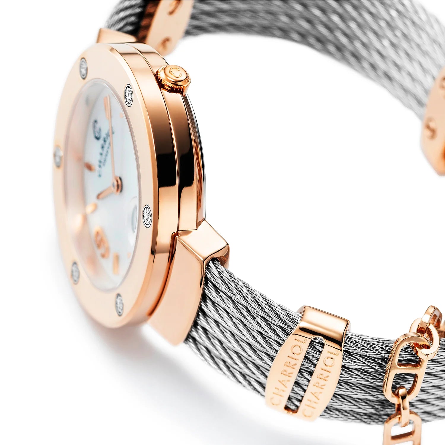 ST-TROPEZ, 30MM, QUARTZ CALIBRE, MOTHER-OF-PEARL DIAL, ROSE GOLD PVD WITH 6 DIAMONDS BEZEL, STEEL CABLE BRACELET - Charriol Geneve - Watch