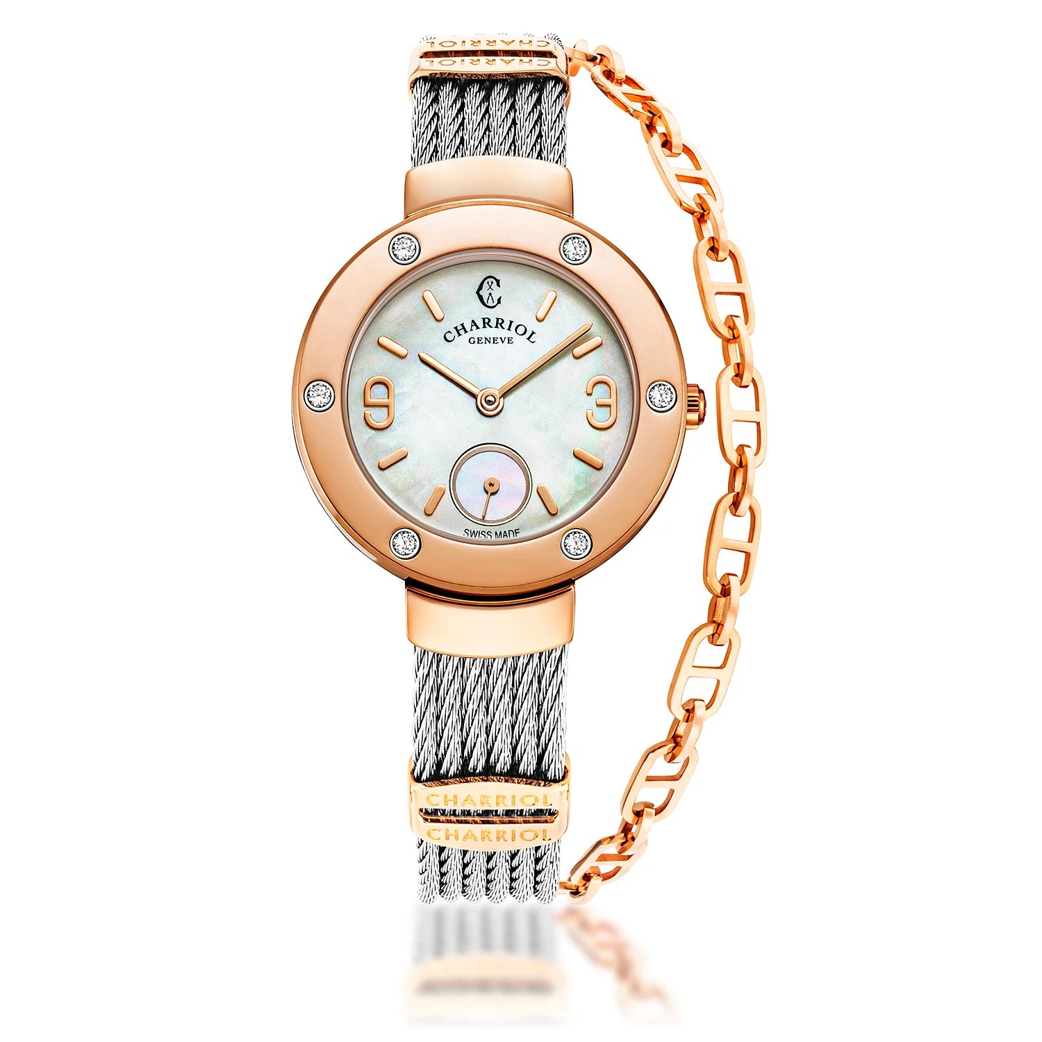 ST-TROPEZ, 30MM, QUARTZ CALIBRE, MOTHER-OF-PEARL DIAL, ROSE GOLD PVD WITH 6 DIAMONDS BEZEL, STEEL CABLE BRACELET - Charriol Geneve - Watch
