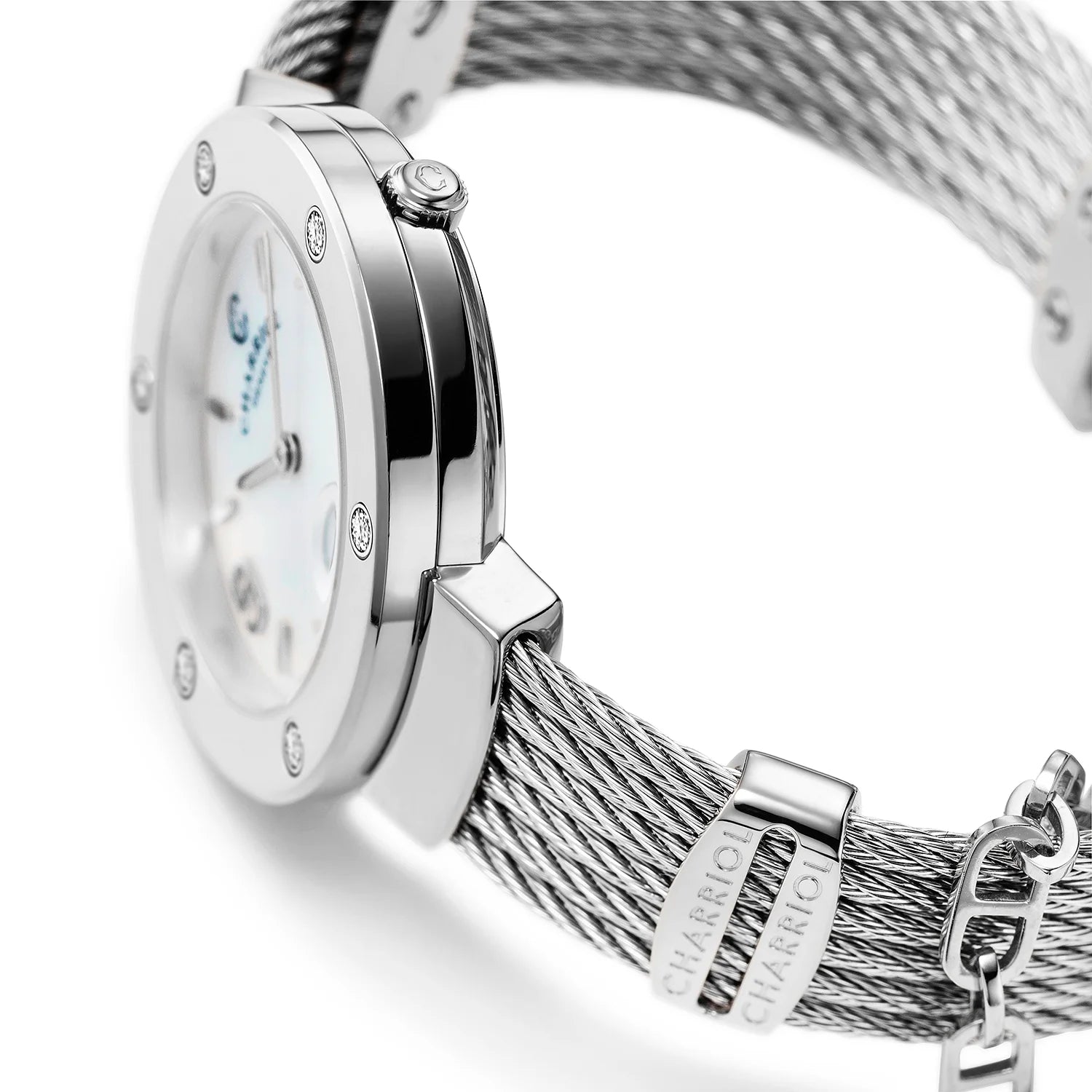 ST TROPEZ, 30MM, CALIBRE CUARZO, ESFERA MADREPERLA, ACERO CON 6 DIAMANTES, PULSERA DE CABLE DE ACERO - Charriol Geneve - Relojes