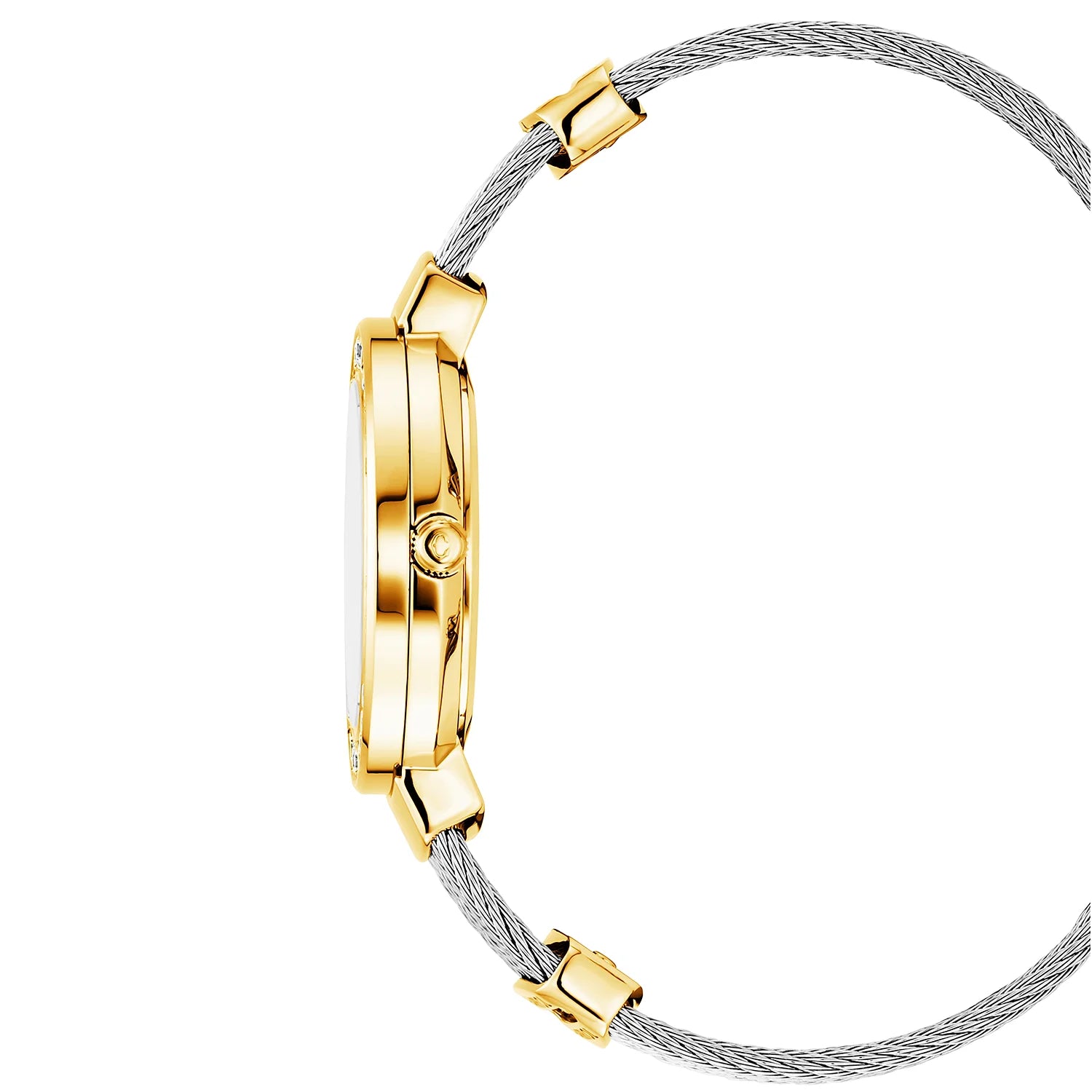 ST TROPEZ, 30MM, CALIBRE CUARZO, ESFERA MADREPERLA, PVD ORO AMARILLO CON 30 DIAMANTES, PULSERA DE CABLE DE ACERO - Charriol Geneve - Relojes