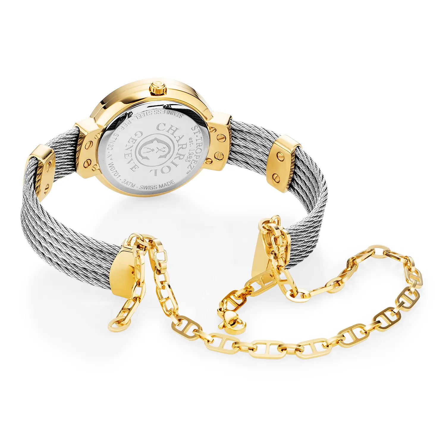 ST TROPEZ, 30MM, CUARZO CALIBRE, PERLA MADRE CON 10 DIAMANTES DIAL, BISEL DE PERLA MADRE, PULSERA DE CABLE DE ACERO - Charriol Geneve - Watch