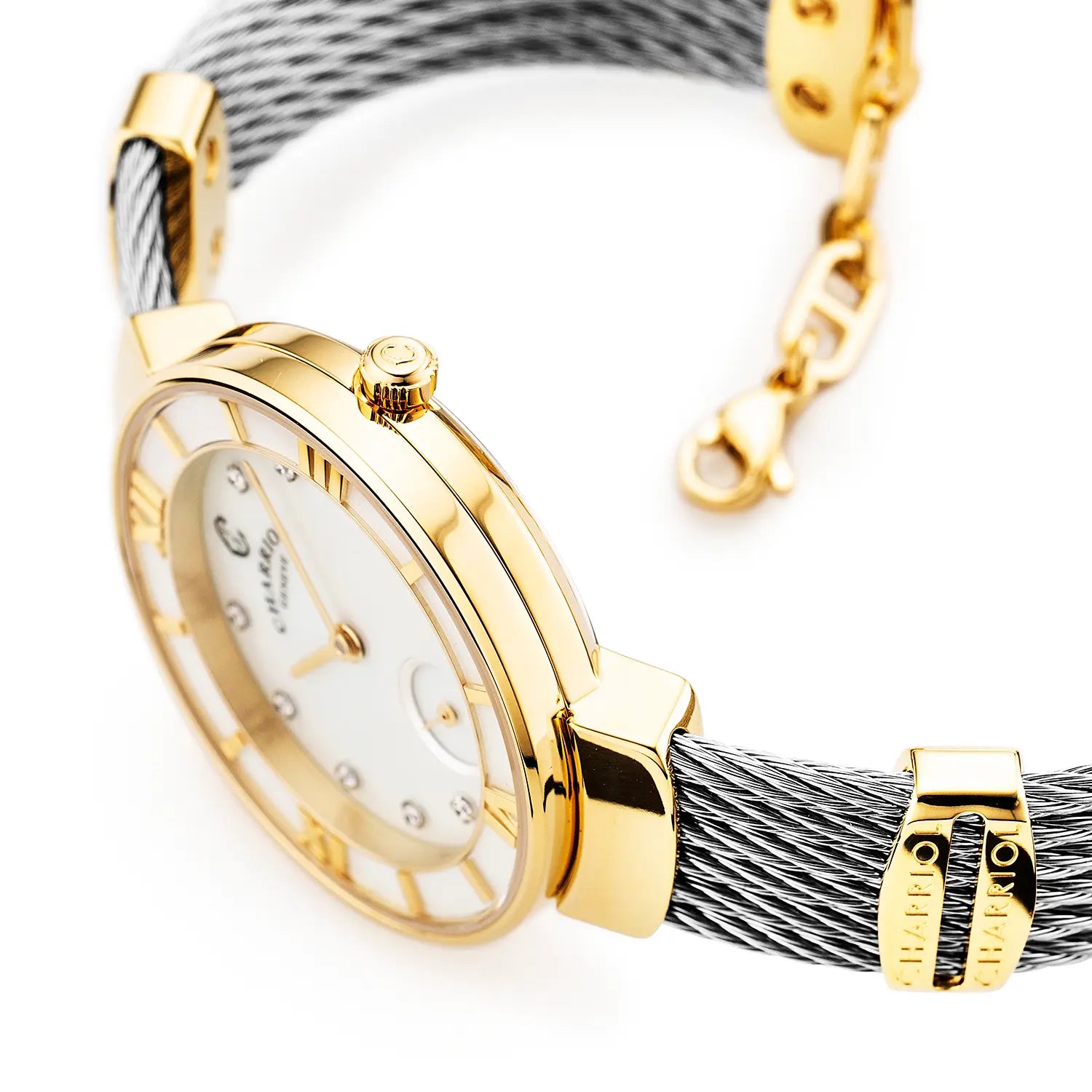ST TROPEZ, 30MM, CUARZO CALIBRE, PERLA MADRE CON 10 DIAMANTES DIAL, BISEL DE PERLA MADRE, PULSERA DE CABLE DE ACERO - Charriol Geneve - Watch