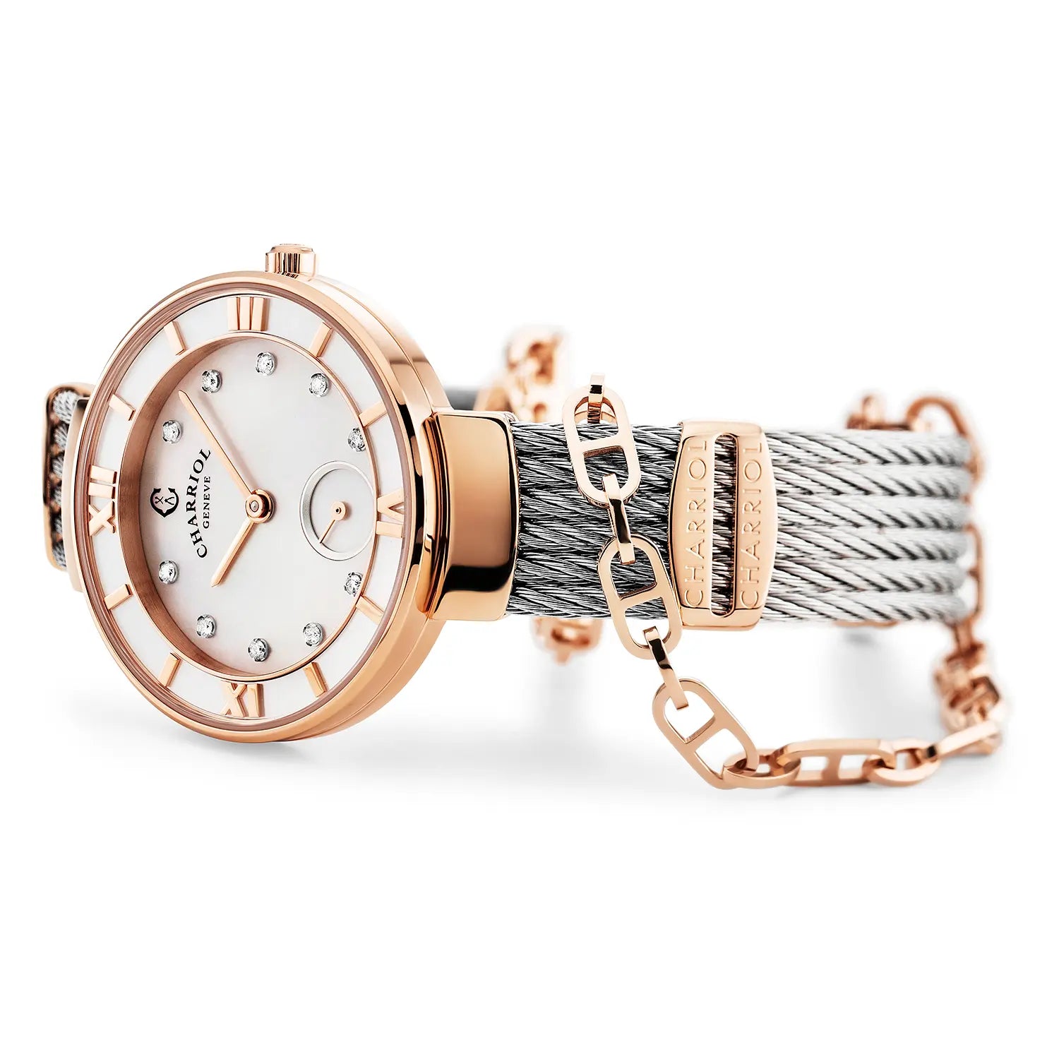 ST TROPEZ, 30MM, CUARZO CALIBRE, PERLA MADRE CON 10 DIAMANTES DIAL, BISEL DE PERLA MADRE, PULSERA DE CABLE DE ACERO - Charriol Geneve - Watch