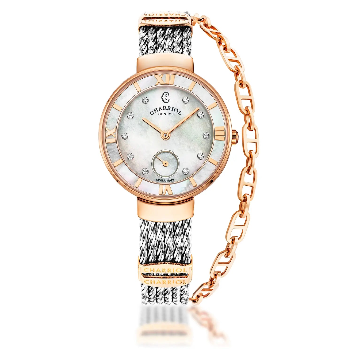 ST TROPEZ, 30MM, CUARZO CALIBRE, PERLA MADRE CON 10 DIAMANTES DIAL, BISEL DE PERLA MADRE, PULSERA DE CABLE DE ACERO - Charriol Geneve - Watch