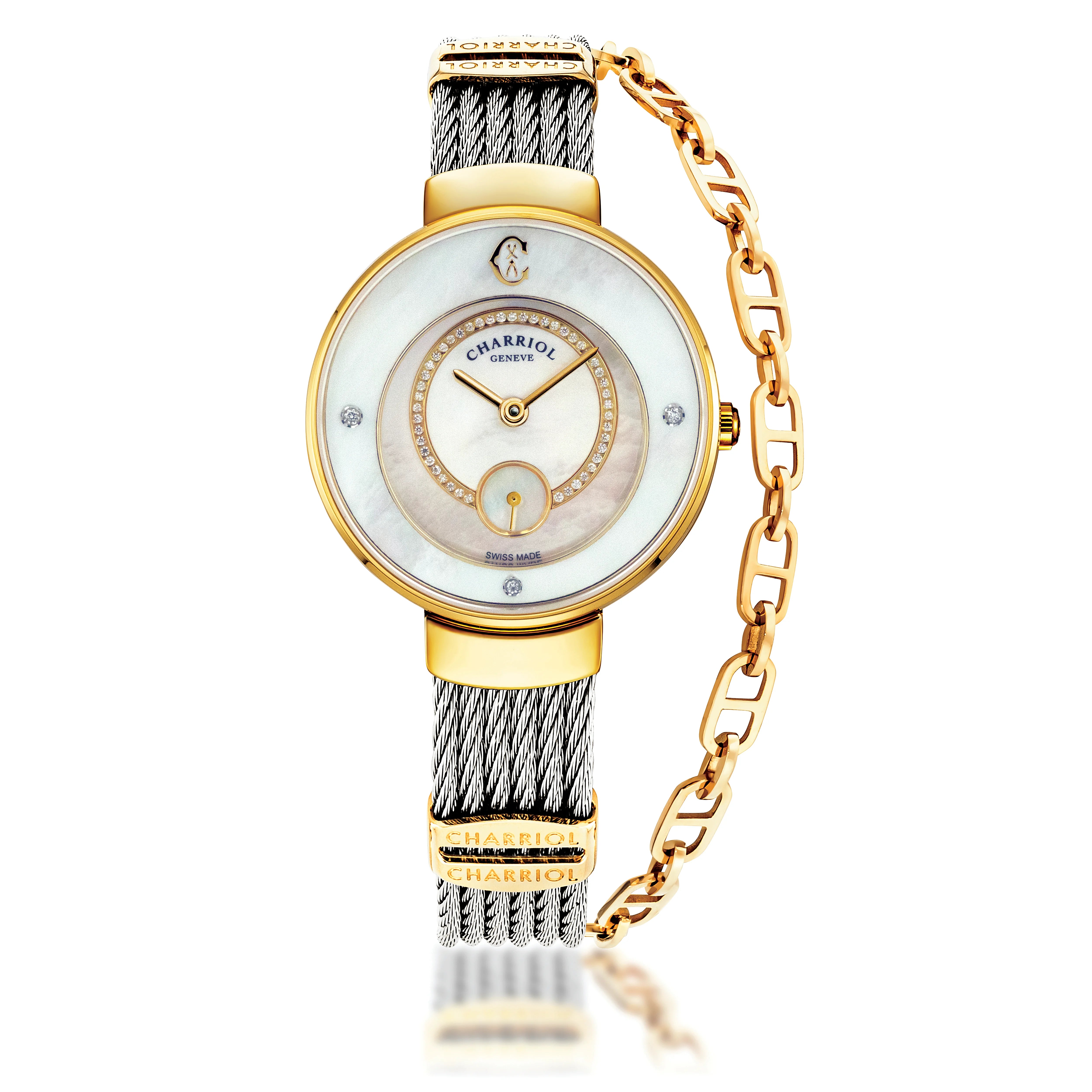 ST-TROPEZ® ECLIPSE, 30MM, STEEL YELLOW GOLD PVD BEZEL, WHITE MOTHER-OF-PEARL WITH 47 DIAMONDS DIAL, STEEL CABLE WITH YELLOW GOLD PVD DECORS BRACELET - ©2025 Philippe Charriol International Ltd. - Watch