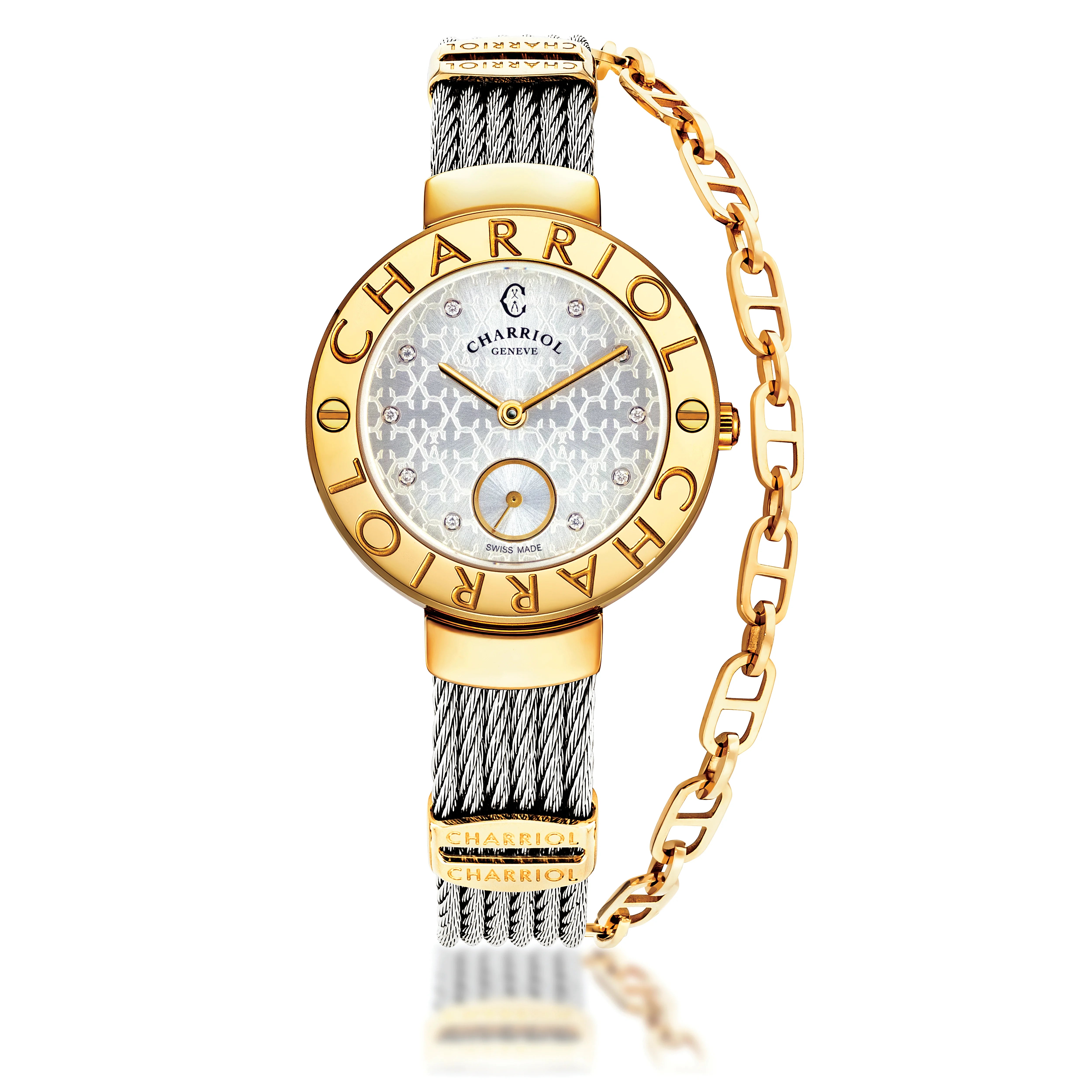 ST-TROPEZ® MONOGRAM, 30MM, STEEL YELLOW GOLD PVD BEZEL, WHITE MONOGRAM WITH 10 DIAMONDS DIAL, STEEL CABLE WITH YELLOW GOLD PVD DECORS BRACELET - ©2025 Philippe Charriol International Ltd. - Watch