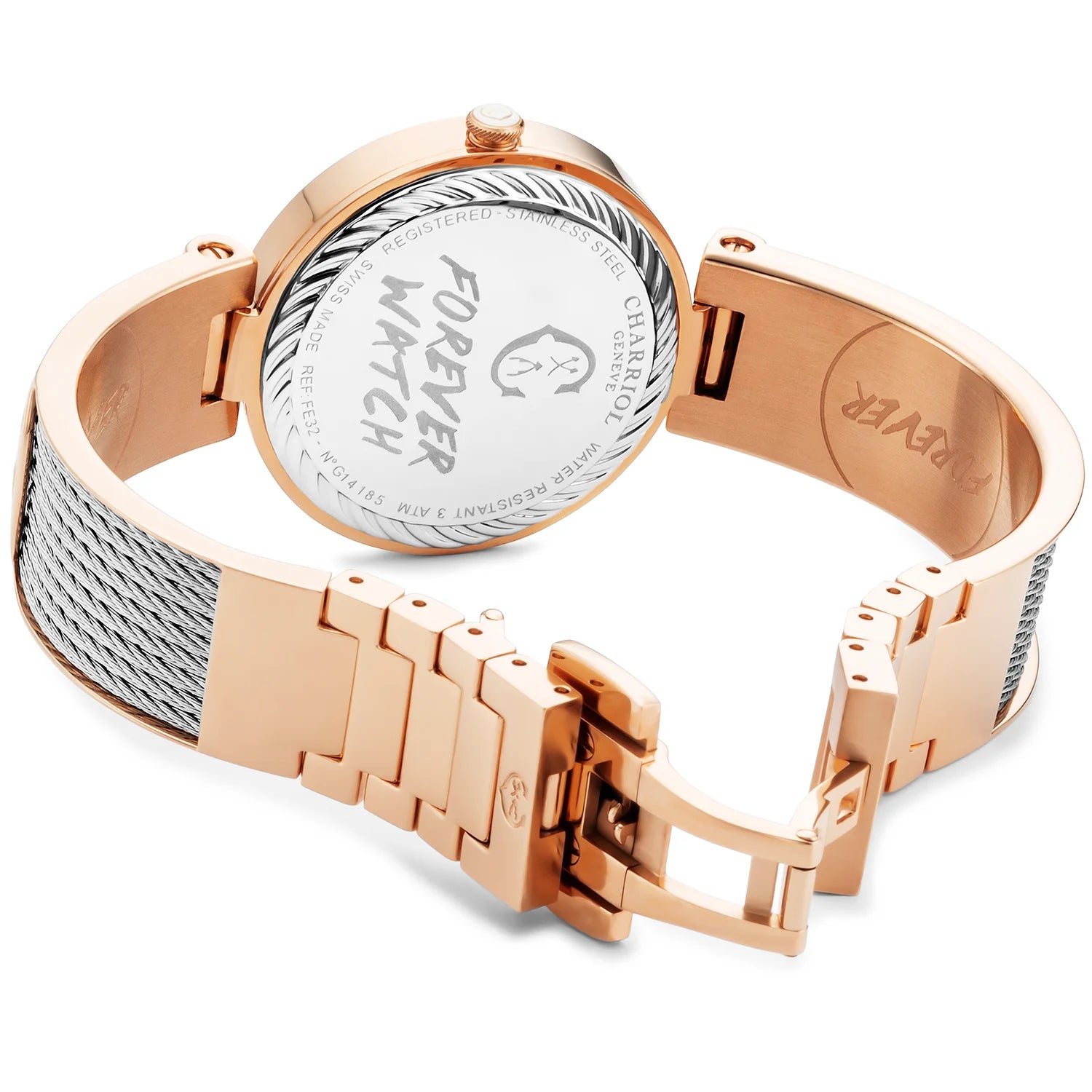 FOREVER, 32MM, CALIBRE CUARZO, DIAL TIGRE, PVD ORO ROSA, PULSERA CABLE ACERO - Charriol Geneve - Relojes