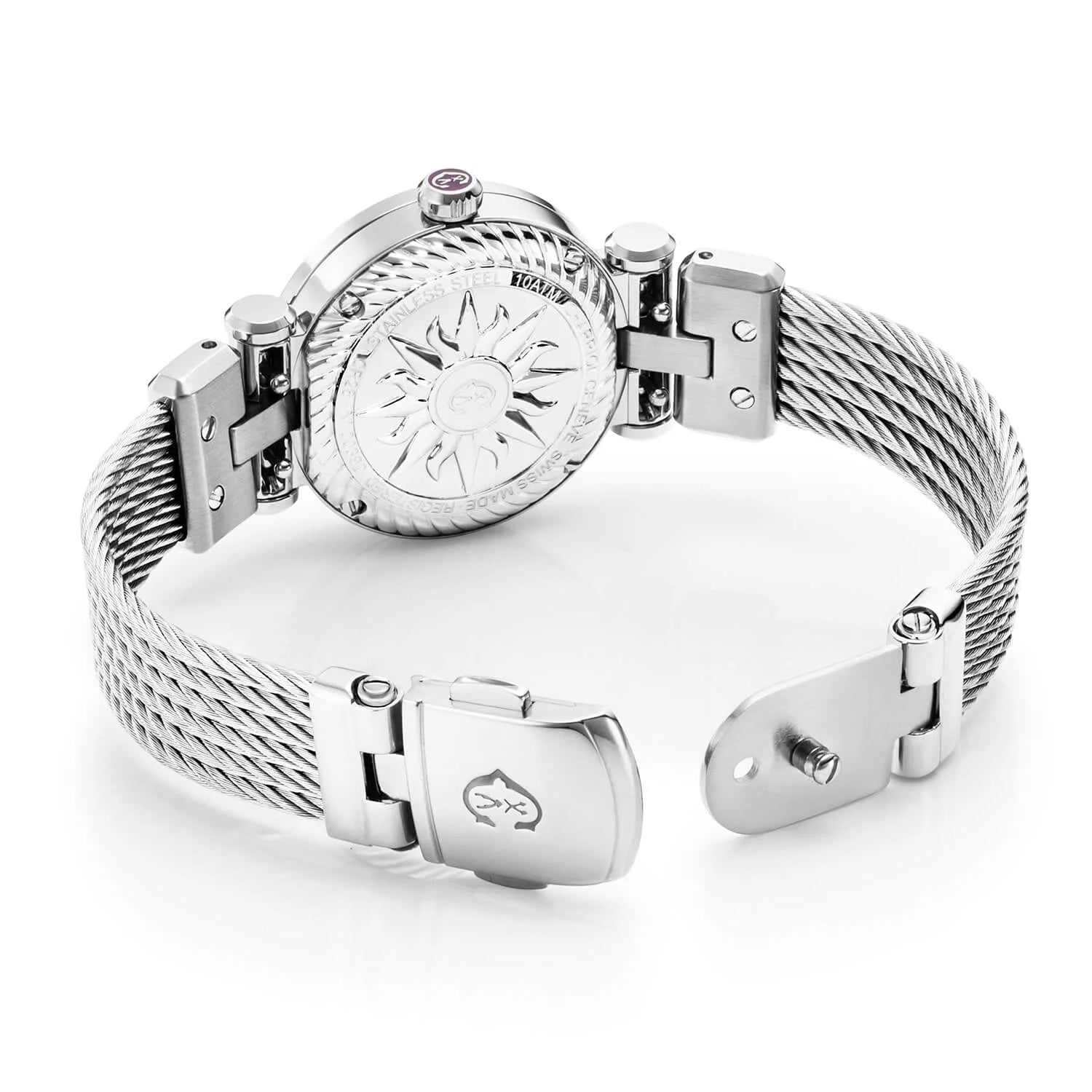 NAVIGATOR CRUISE, 28MM, CALIBRE CUARZO LUNAFASE, ESFERA AVENTURINA IMPRESA CON 12 DIAMANTES, ESFERA DE ACEROCHARRIOL CHARRIOL" CON 2 TORNILLOS, PULSERA DE ACERO CON CABLE INTERCAMBIABLE - © 2024 Charriol - Reloj