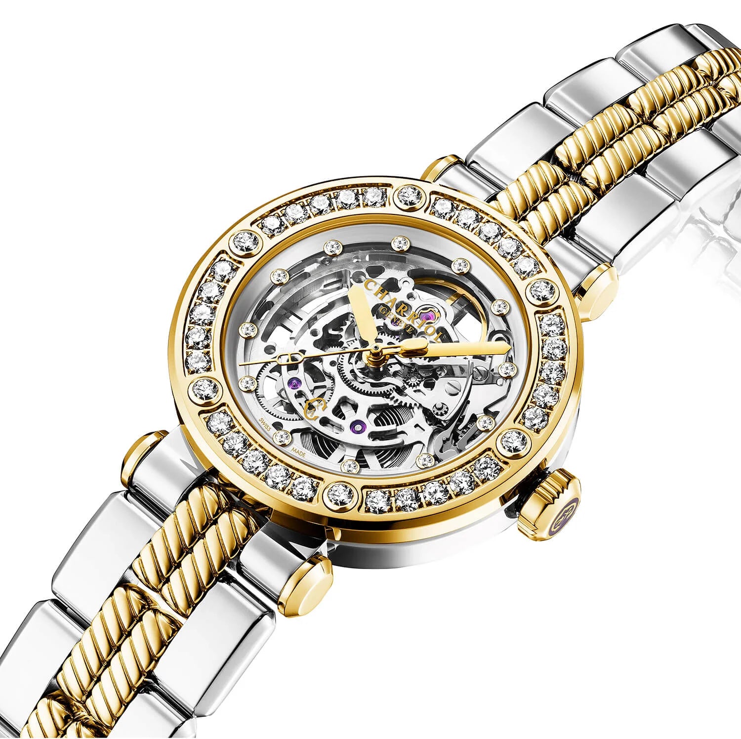 NAVIGATOR CRUISE, 36MM, CALIBRE AUTOMÁTICO DE ESQUELETÓN CHARRIOL , CRISTAL CON 12 DIAMANTES DIAL DE ANILLO INTERIOR, ACERO YELLOW GOLD PVD CON 30 DIAMANTES FULLCUTS Y 6 DIAMANTES BEZEL, PULSERA DE METAL BICOLOR INTERCAMBIABLE - © 2024 Charriol - Relojes