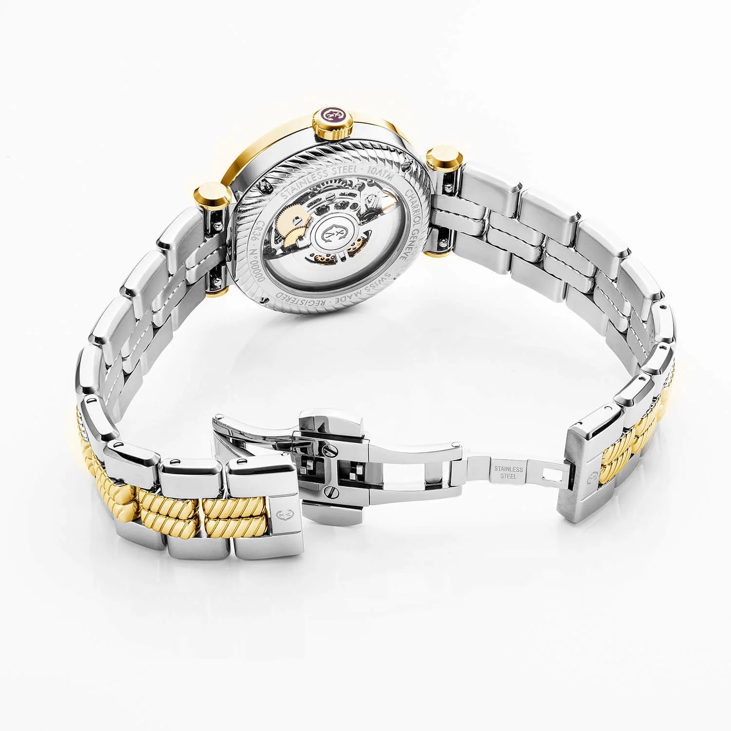 NAVIGATOR CRUISE, 36MM, CALIBRE AUTOMÁTICO DE ESQUELETÓN CHARRIOL , CRISTAL CON 12 DIAMANTES DIAL DE ANILLO INTERIOR, ACERO YELLOW GOLD PVD CON 30 DIAMANTES FULLCUTS Y 6 DIAMANTES BEZEL, PULSERA DE METAL BICOLOR INTERCAMBIABLE - © 2024 Charriol - Relojes