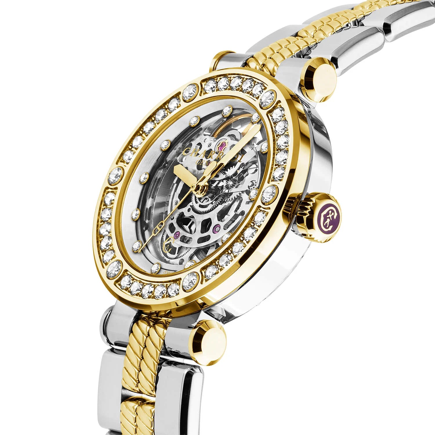 NAVIGATOR CRUISE, 36MM, CALIBRE AUTOMÁTICO DE ESQUELETÓN CHARRIOL , CRISTAL CON 12 DIAMANTES DIAL DE ANILLO INTERIOR, ACERO YELLOW GOLD PVD CON 30 DIAMANTES FULLCUTS Y 6 DIAMANTES BEZEL, PULSERA DE METAL BICOLOR INTERCAMBIABLE - © 2024 Charriol - Relojes