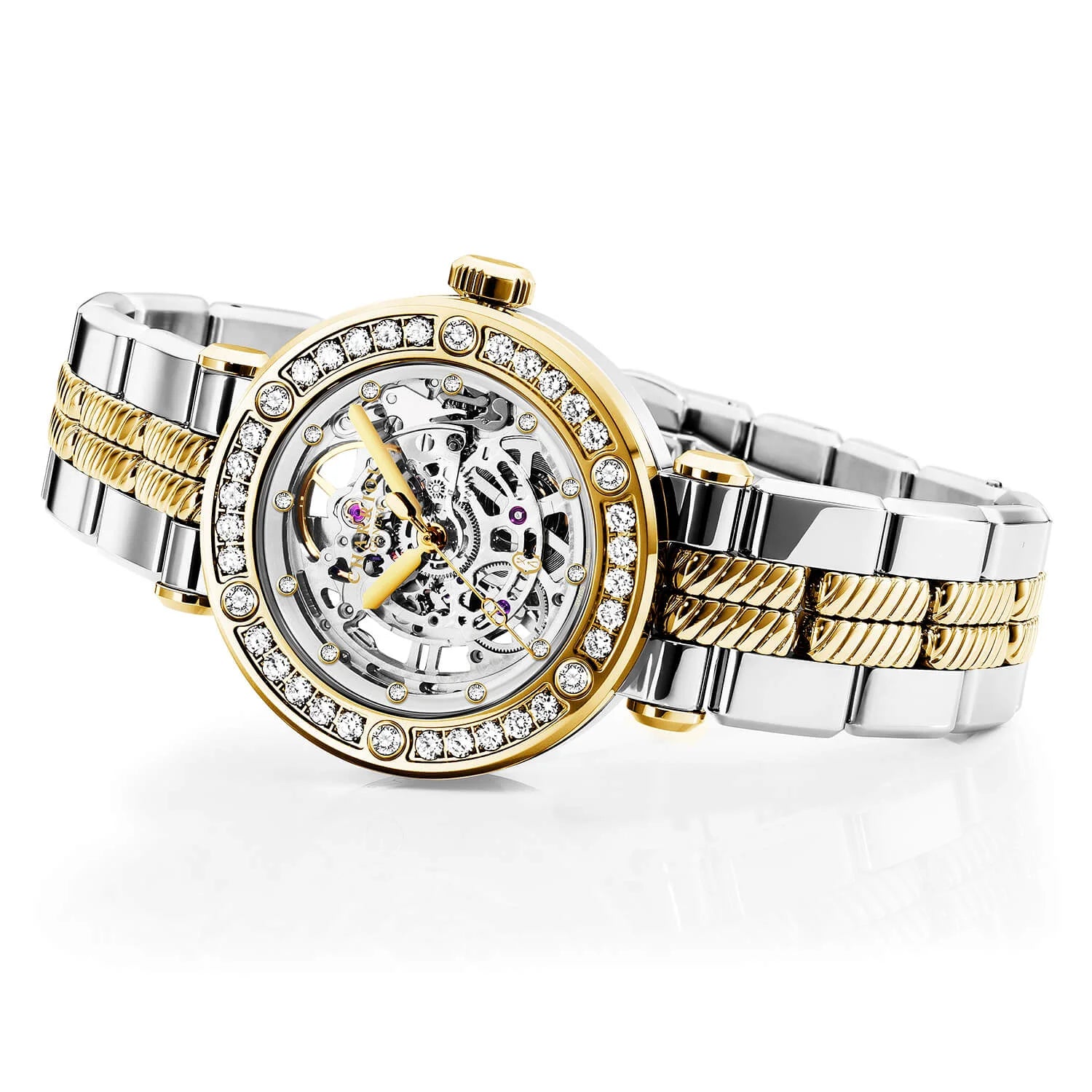 NAVIGATOR CRUISE, 36MM, CALIBRE AUTOMÁTICO DE ESQUELETÓN CHARRIOL , CRISTAL CON 12 DIAMANTES DIAL DE ANILLO INTERIOR, ACERO YELLOW GOLD PVD CON 30 DIAMANTES FULLCUTS Y 6 DIAMANTES BEZEL, PULSERA DE METAL BICOLOR INTERCAMBIABLE - © 2024 Charriol - Relojes