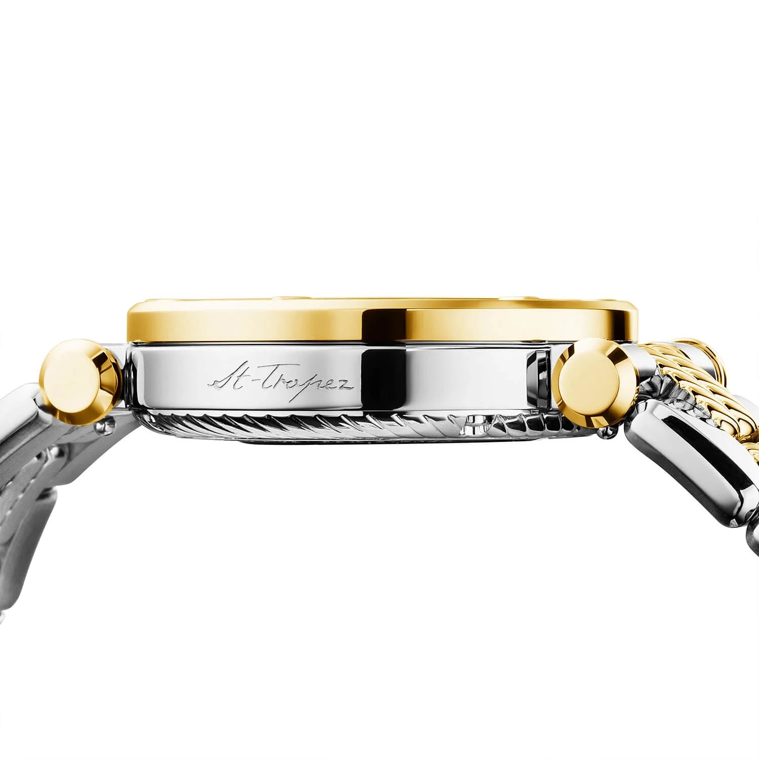 NAVIGATOR CRUISE, 36MM, CALIBRE AUTOMÁTICO DE ESQUELETÓN CHARRIOL , CRISTAL CON 12 DIAMANTES DIAL DE ANILLO INTERIOR, ACERO YELLOW GOLD PVD CON 30 DIAMANTES FULLCUTS Y 6 DIAMANTES BEZEL, PULSERA DE METAL BICOLOR INTERCAMBIABLE - © 2024 Charriol - Relojes