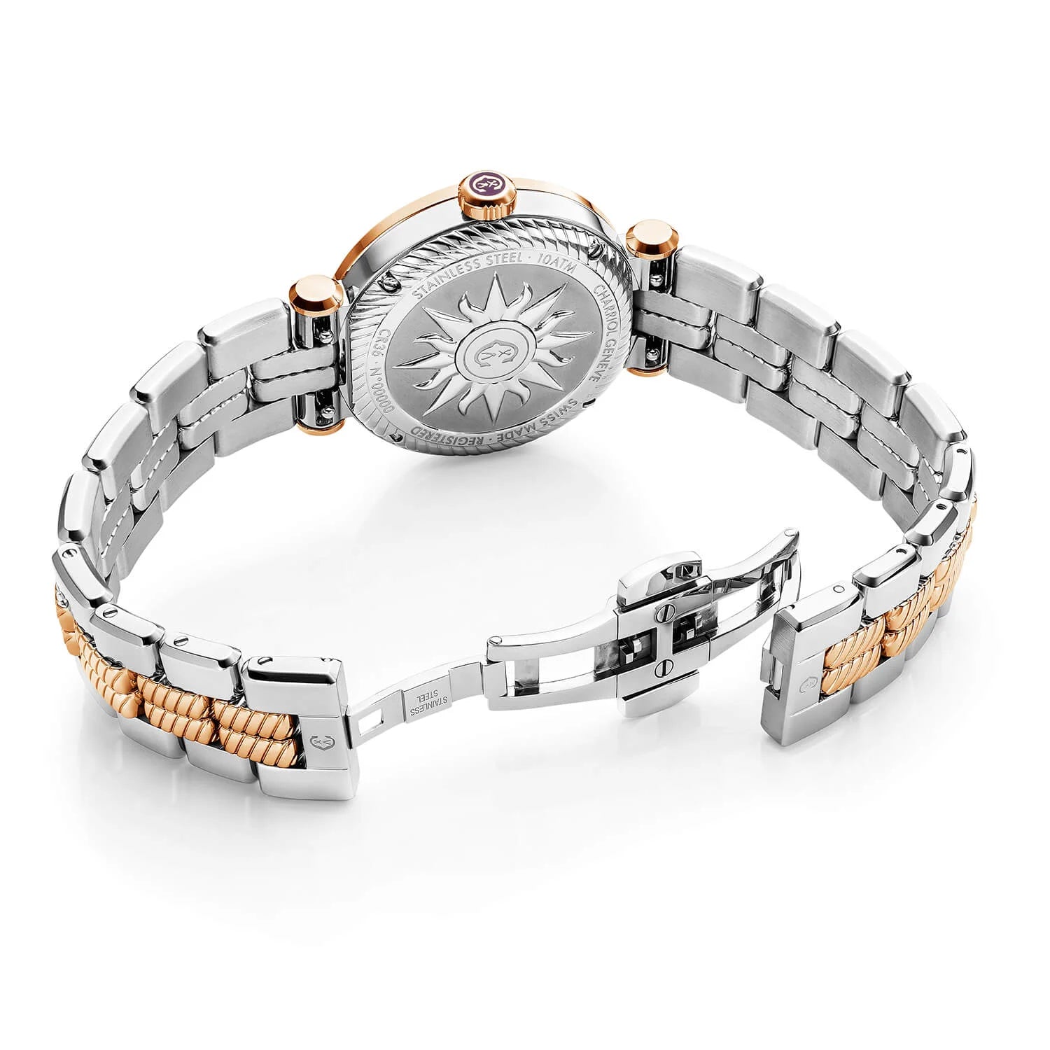 NAVIGATOR CRUISE, 36MM, CALIBRE CUARZO, BLANCO MADRE DE PERLA CON INDICE DE ORO ROSA, ACERO ORO ROSA PVDCHARRIOL CHARRIOL" CON BISEL DE 2 TORNILLOS, PULSERA INTERCAMBIABLE DE METAL BICOLOR - © 2024 Charriol - Reloj