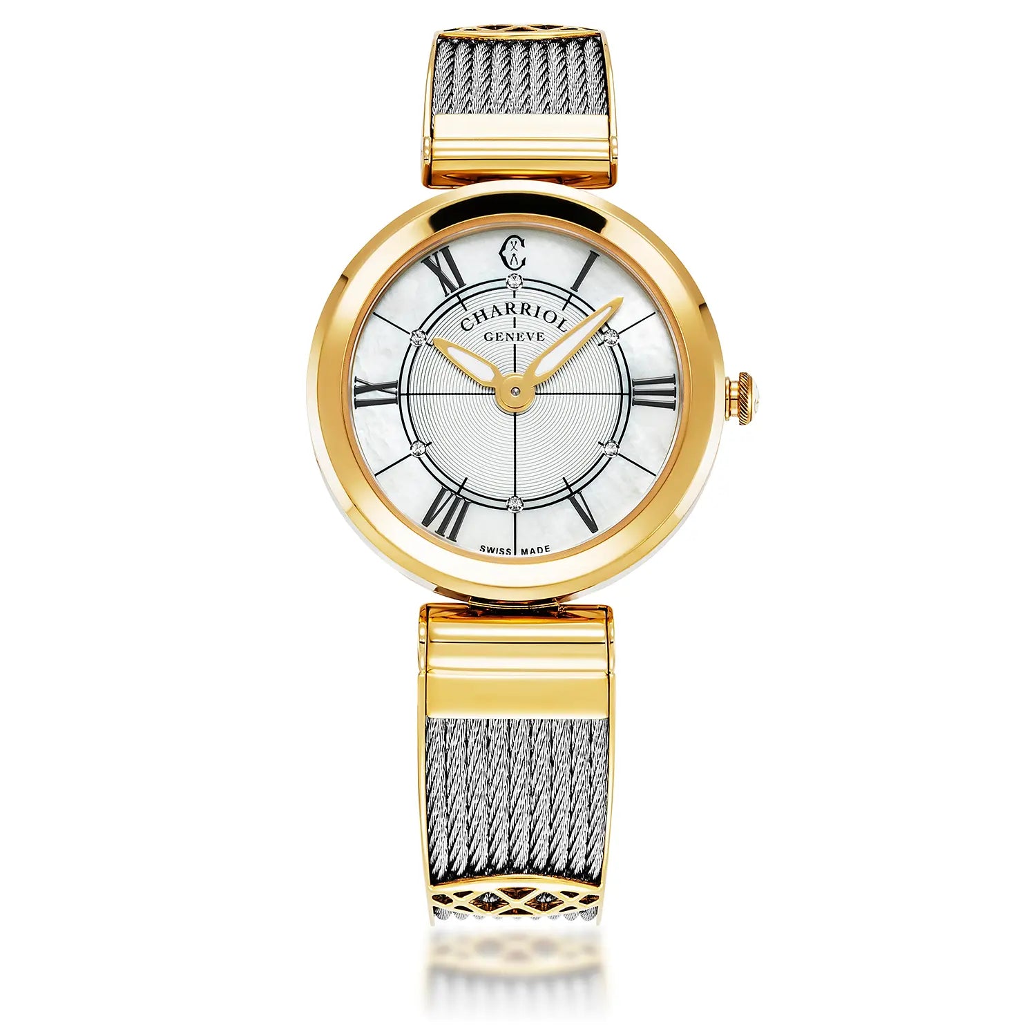 FOREVER, 32MM, CALIBRE CUARZO, DIAL DE PERLA MADRE, BISEL PVD ORO AMARILLO, PULSERA DE CABLE DE ACERO - Charriol Geneve - Watch