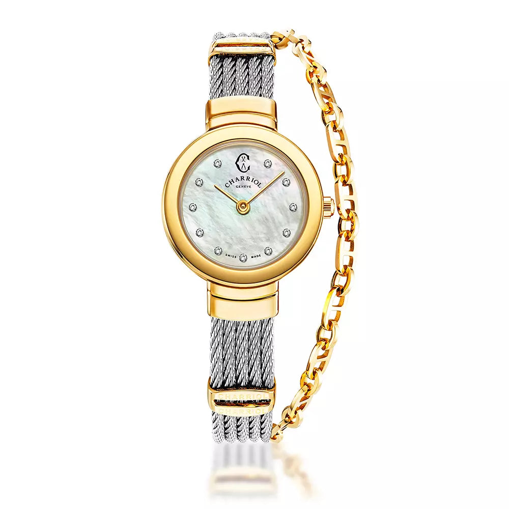 ST TROPEZ, 25MM, CUARZO CALIBRE, PERLA CON 11 DIAMANTES DIAL, ORO AMARILLO PVD BEZEL, ACERO CABLE PULSERA - Charriol Geneve - Watch