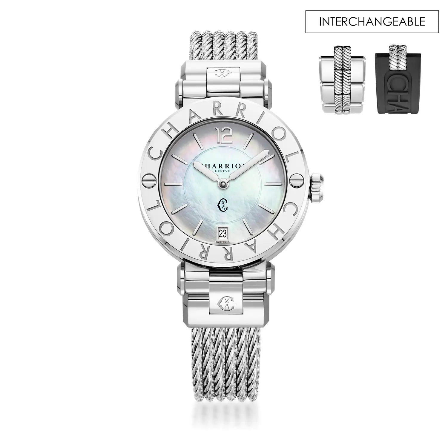 NAVIGATOR CRUISE, 36MM, CALIBRE CUARZO, ESFERA DE PERLA MADRE, "CHARRIOL CHARRIOL " BEZEL, CABLE DE ACERO PULSERA INTERCAMBIABLE - Charriol Geneve - Relojes