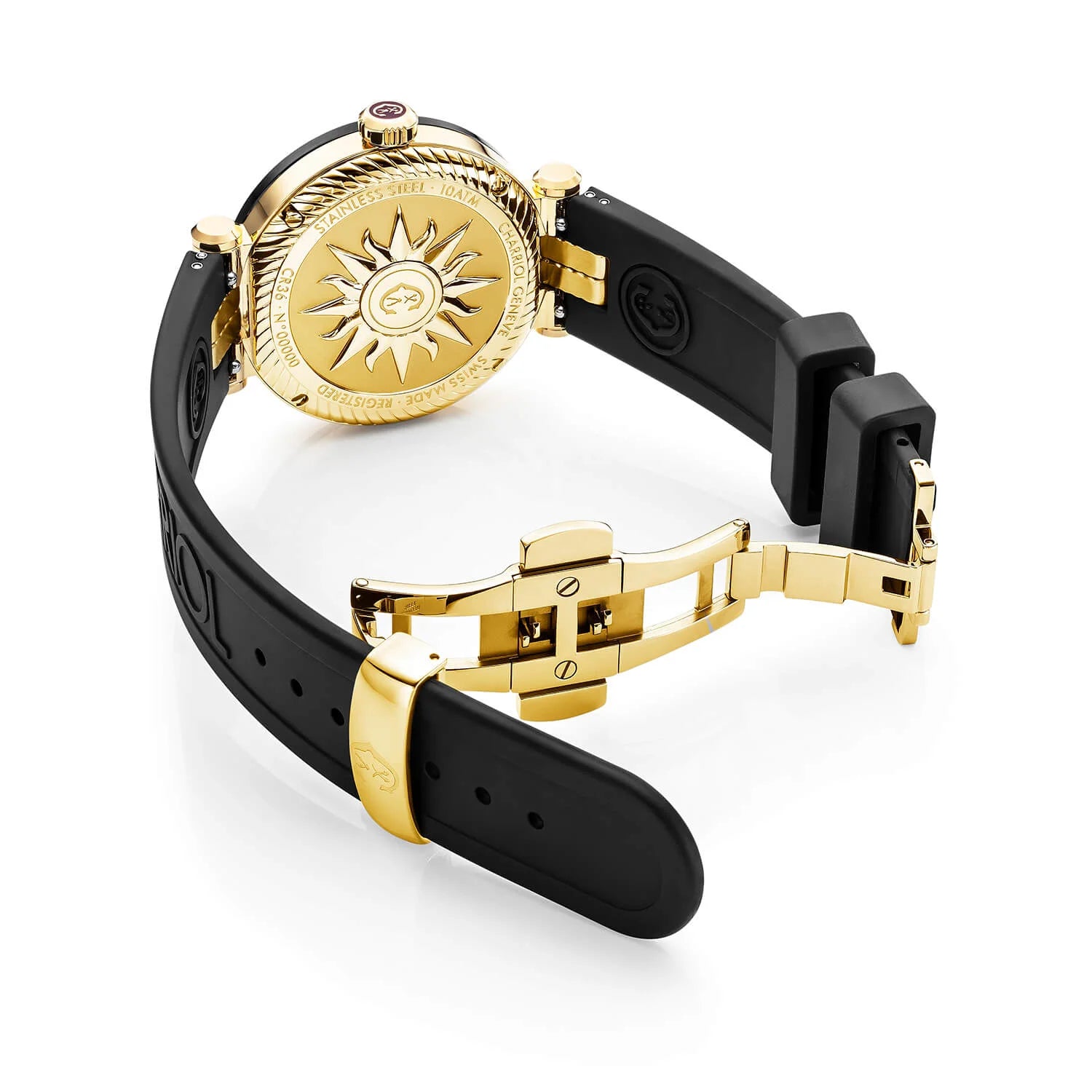 NAVIGATOR CRUISE, 36MM, CALIBRE CUARZO, NEGRO CON DIAL ÁRABE AMARILLO Y 10 ÍNDICES, ACERO PVD NEGRO CON 2 TORNILLOS PVD ORO AMARILLO, PULSERA INTERCAMBIABLE DE GOMA NEGRA CON PVD ORO AMARILLO ADJUNTA - © 2024 Charriol - Watch