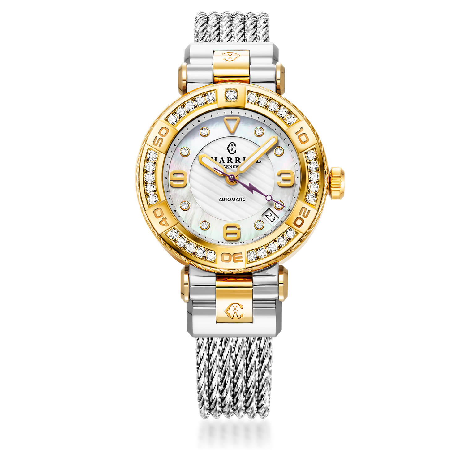 NAVIGATOR SURF, 36MM, CALIBRE AUTOMÁTICO, PERLA MADRE BLANCA Y PLATA CON ESFERA DE 8 DIAMANTES, ACERO Y ORO AMARILLO PVD CON 30 DIAMANTES CLEAR CUT Y 6 DIAMANTES CLEAR CUT BEZEL, PULSERA DE ACERO CON CABLE INTERCAMBIABLE Y ORO AMARILLO PVD ADJUNTO - © 2024 Charriol - Reloj