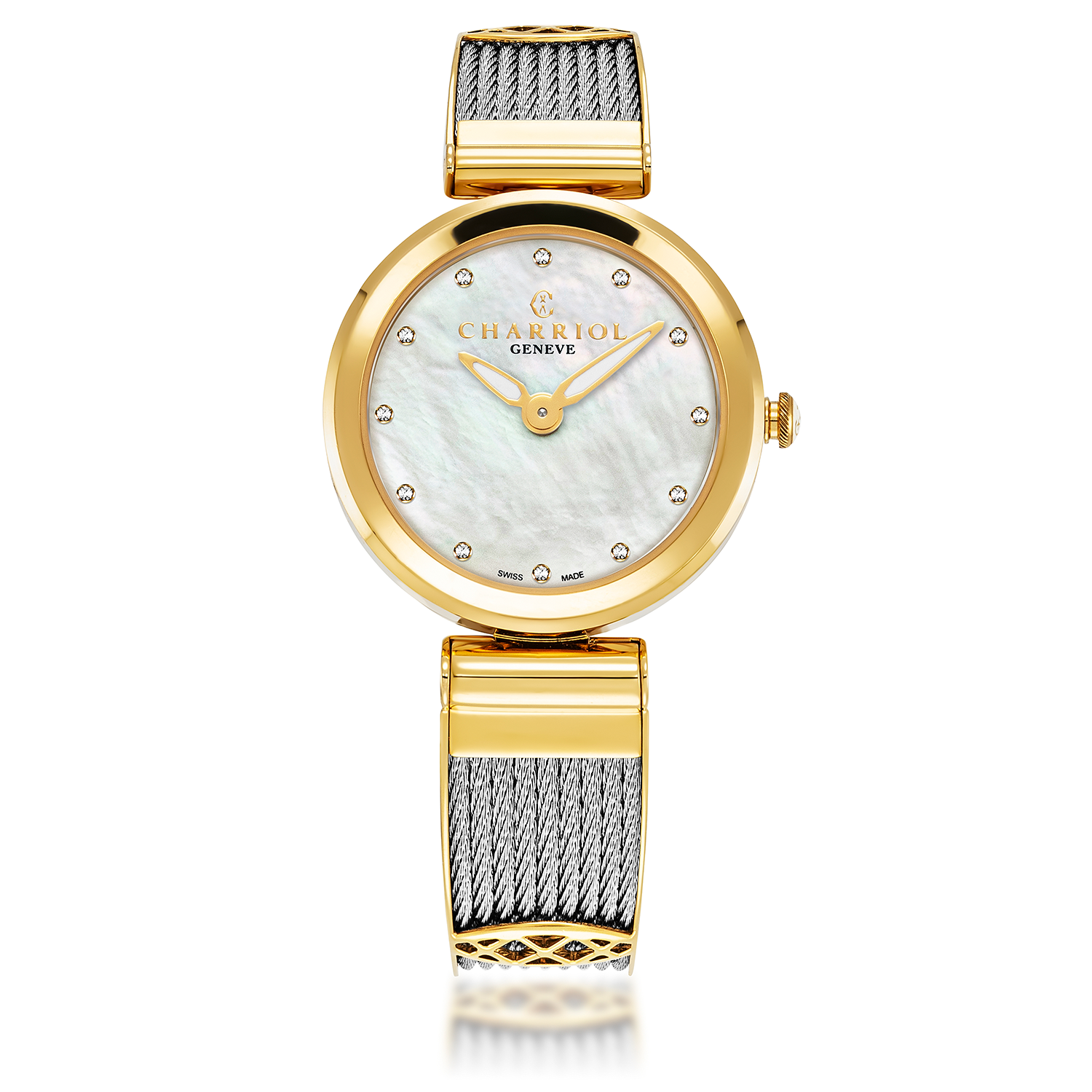 FOREVER, 32MM, CALIBRE CUARZO, PERLA MADRE CON 12 SIMILIS DIAL, ORO AMARILLO PVD BEZEL, PULSERA DE ACERO Y ORO AMARILLO PVD DECORES - Charriol Geneve - Watch