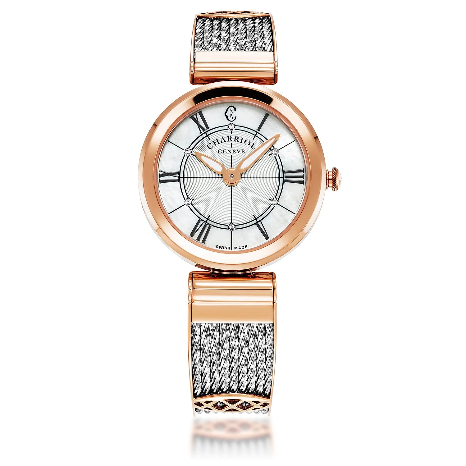 FOREVER, 32MM, CALIBRE CUARZO, DIAL DE PERLA MADRE, PVD ORO ROSA, PULSERA DE CABLE DE ACERO - Charriol Geneve - Watch
