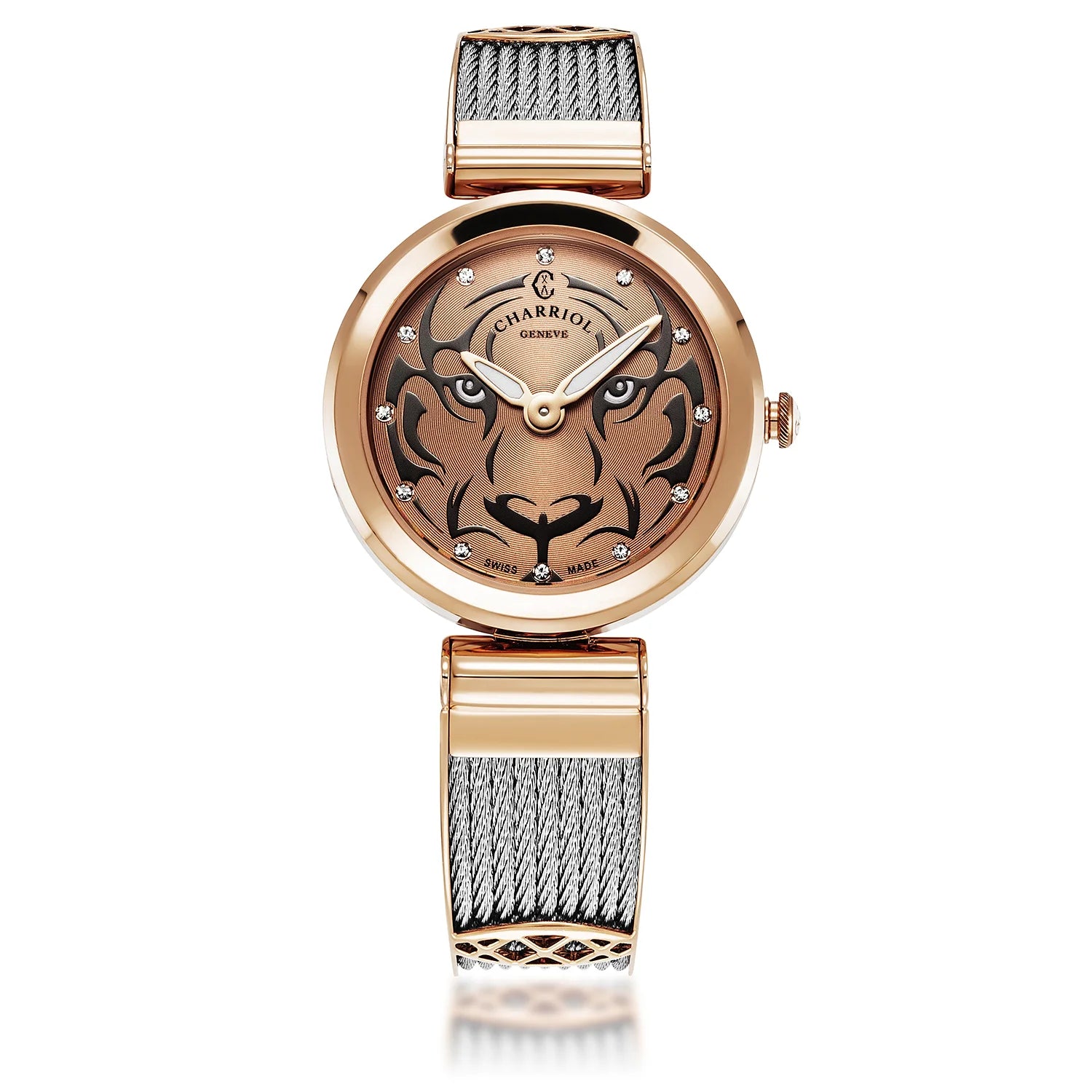FOREVER, 32MM, CALIBRE CUARZO, DIAL TIGRE, PVD ORO ROSA, PULSERA CABLE ACERO - Charriol Geneve - Relojes