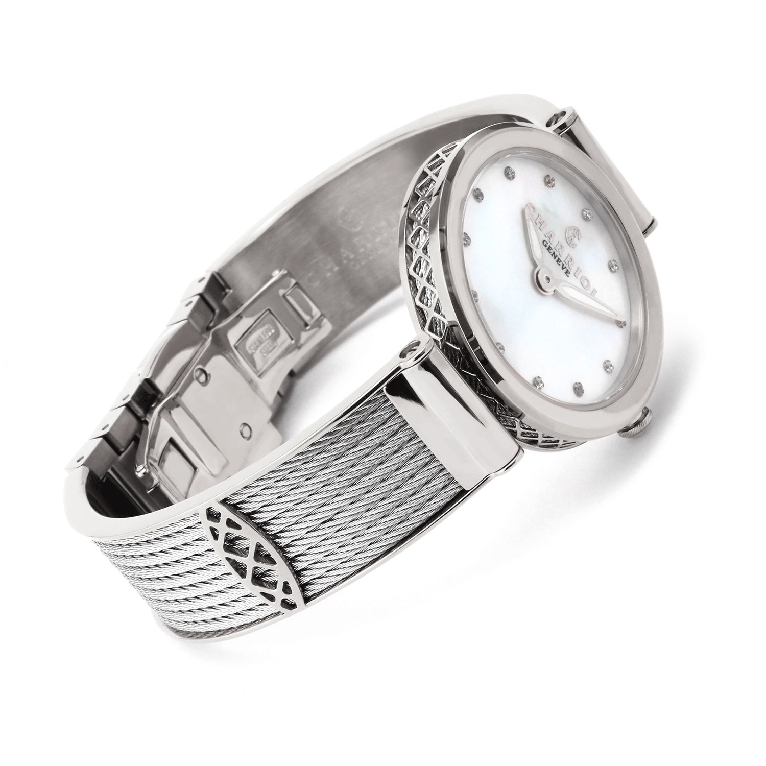 FOREVER, 32MM, CALIBRE CUARZO, PERLA MADRE BLANCA CON 12 SIMILIS DIAL, BISEL DE ACERO, PULSERA DE CABLE DE ACERO - © 2024 Charriol - Watch