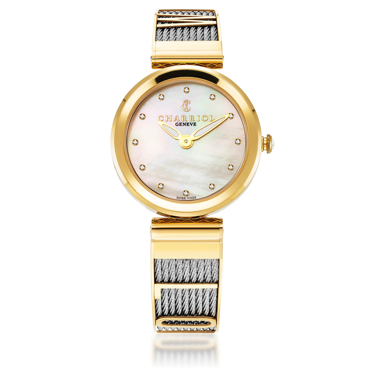 FOREVER YOURS, 32MM, CUARZO CALIBRE, PERLA CON 12 DIAMANTES DIAL, ORO AMARILLO PVD BEZEL, PULSERA DE CABLE DE ACERO - Charriol Geneve - Watch