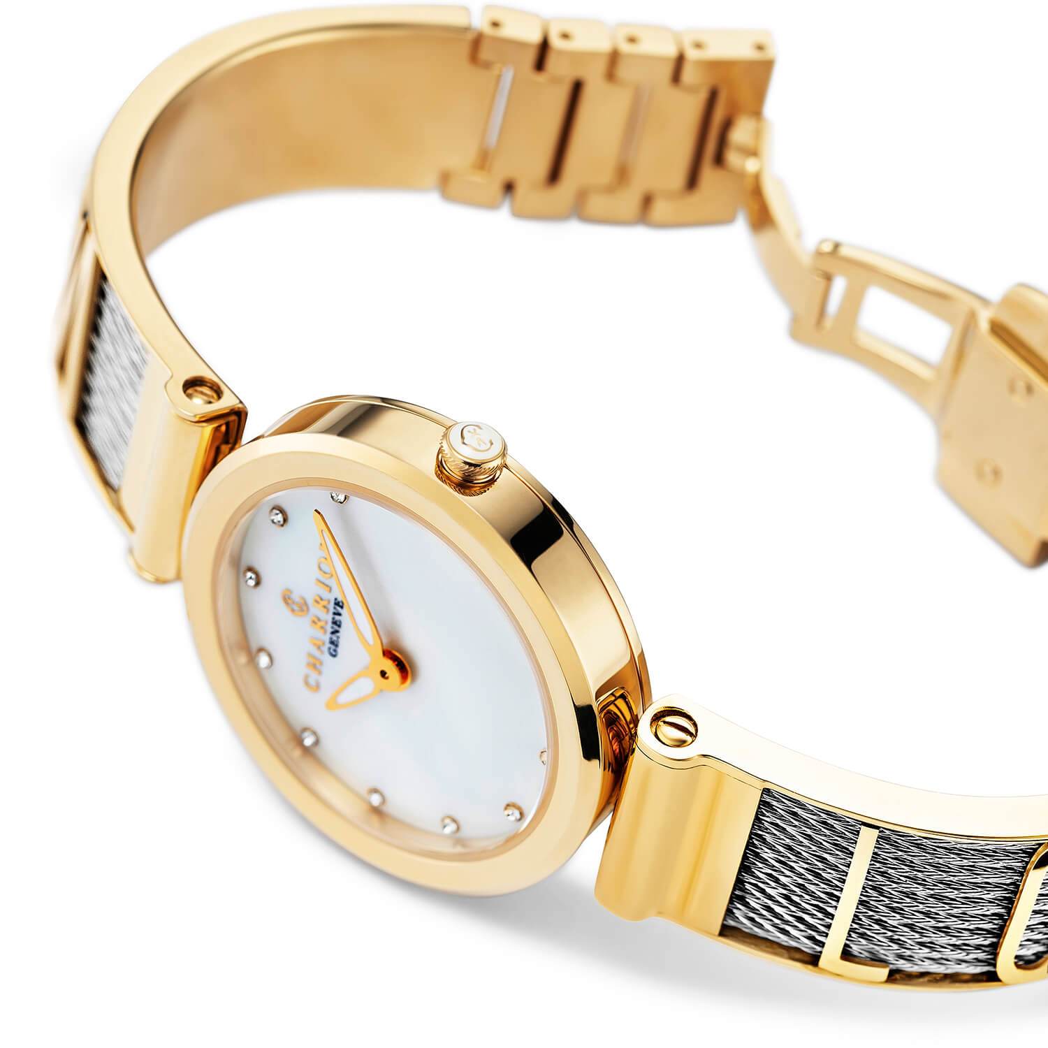 FOREVER YOURS, 32MM, CUARZO CALIBRE, PERLA CON 12 DIAMANTES DIAL, ORO AMARILLO PVD BEZEL, PULSERA DE CABLE DE ACERO - Charriol Geneve - Watch