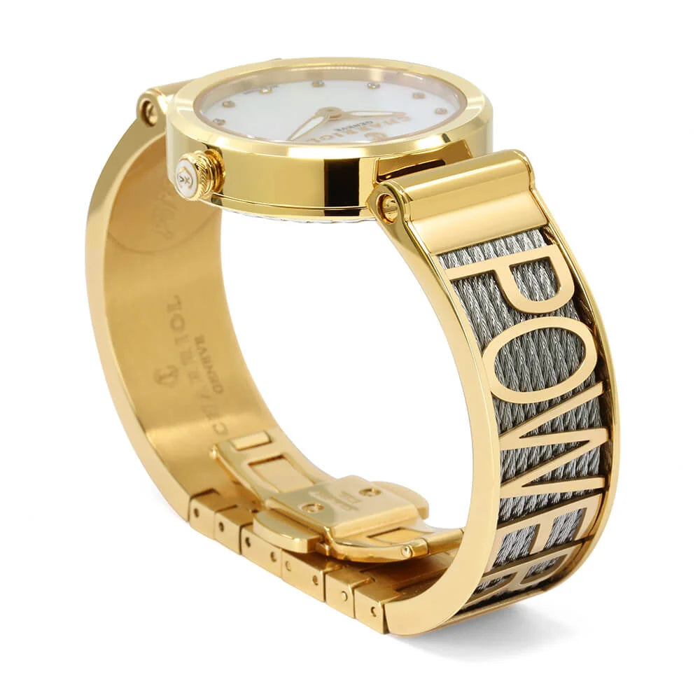 FOREVER YOURS, 32MM, CUARZO CALIBRE, PERLA CON 12 DIAMANTES DIAL, ORO AMARILLO PVD BEZEL, PULSERA DE CABLE DE ACERO - Charriol Geneve - Watch