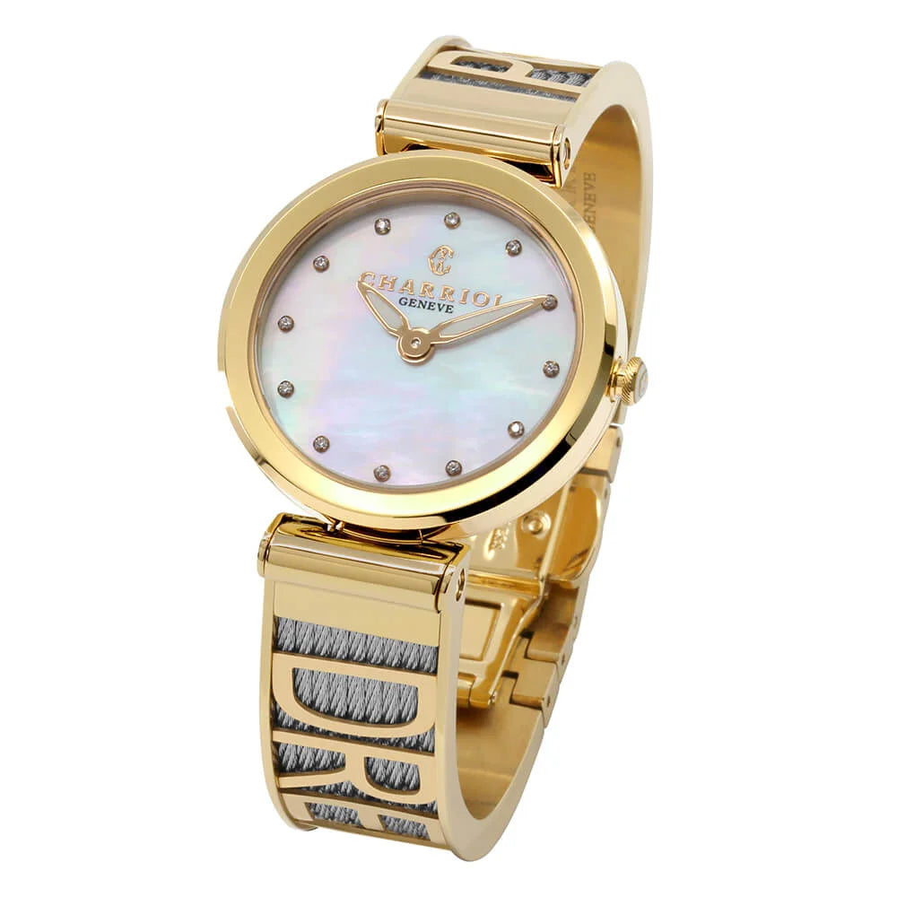 FOREVER YOURS, 32MM, CUARZO CALIBRE, PERLA CON 12 DIAMANTES DIAL, ORO AMARILLO PVD BEZEL, PULSERA DE CABLE DE ACERO - Charriol Geneve - Watch