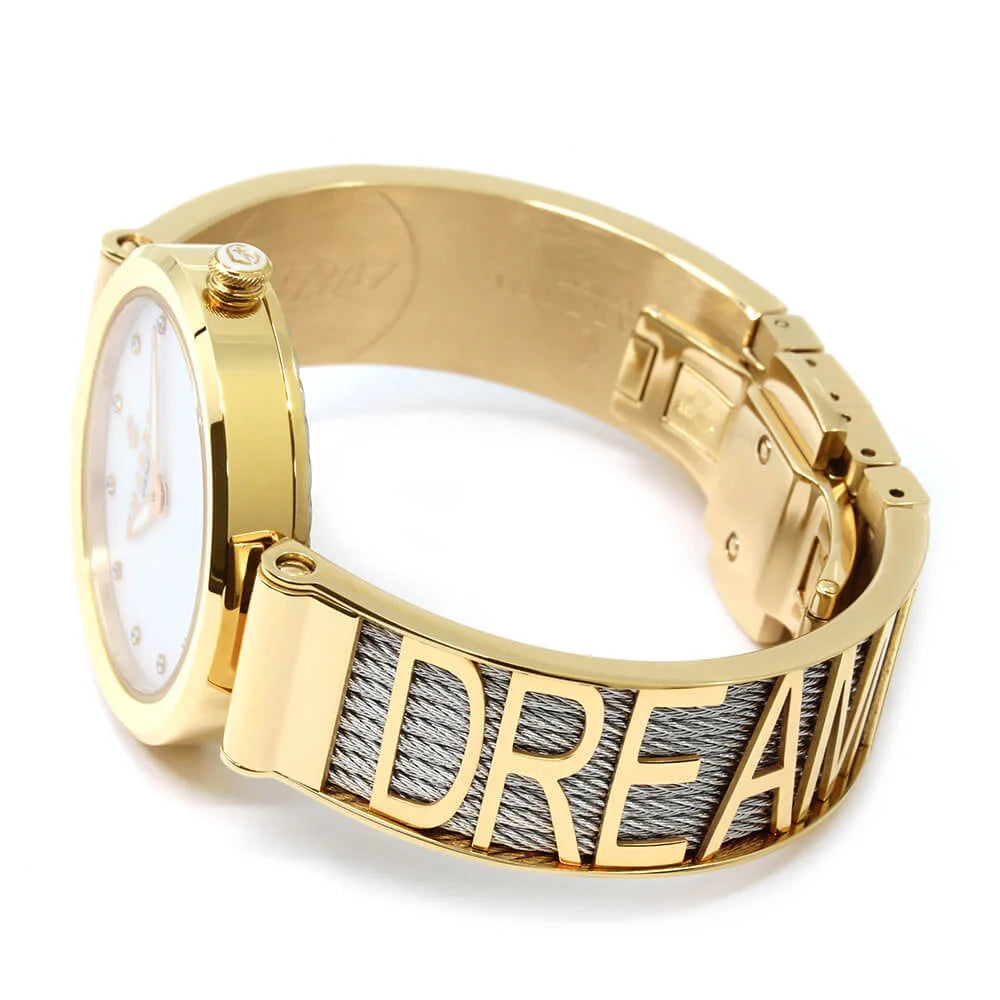 FOREVER YOURS, 32MM, CUARZO CALIBRE, PERLA CON 12 DIAMANTES DIAL, ORO AMARILLO PVD BEZEL, PULSERA DE CABLE DE ACERO - Charriol Geneve - Watch