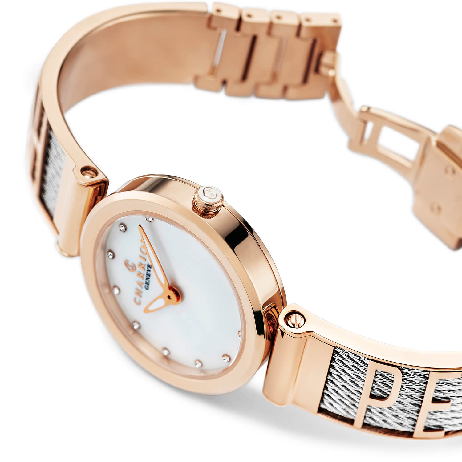 FOREVER YOURS, 32MM, CUARZO CALIBRE, PERLA MADRE CON 12 DIAMANTES DIAL, ORO ROSA PVD BEZEL, PULSERA DE ACERO - Charriol Geneve - Watch