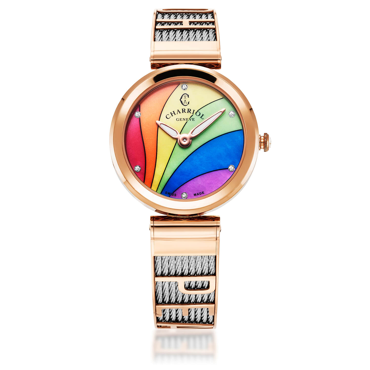 FOREVER SUYO, 32MM, CALIBRE DE CUARZO. RAINBOW CON 6 ZIRCONIAS DIAL, ACERO ORO ROSA PVD BEZEL, ACERO CABLE PULSERA - Charriol Geneve - Reloj