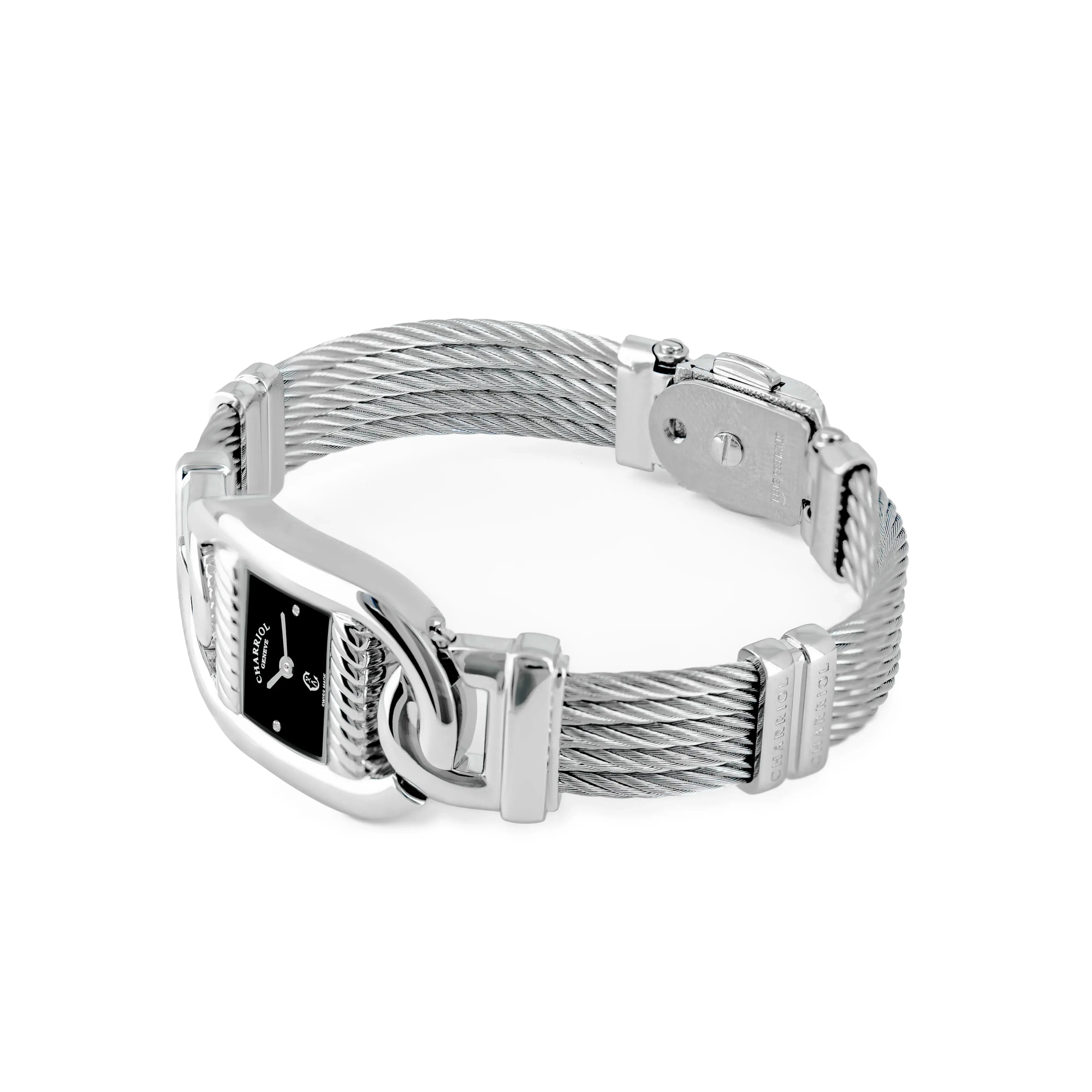 MARINER, 20MM, QUARTZ CALIBRE, STEEL CASE, BLACK MOTHER-OF-PEARL WITH 2 DIAMONDS DIAL, STEEL CABLE BRACELET - ©2025 Philippe Charriol International Ltd. -  Watch