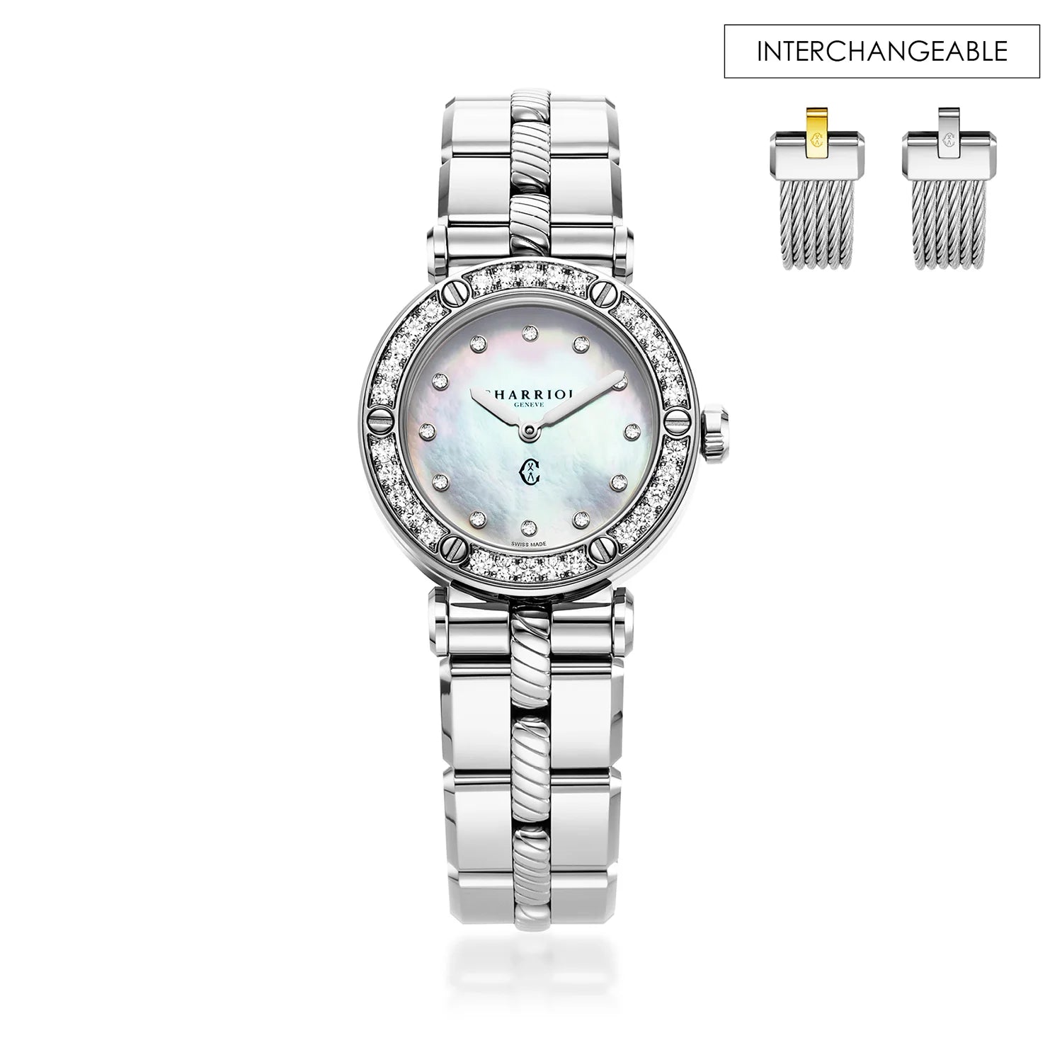 NAVIGATOR CRUISE28MM, PERLA CON 12 DIAMANTES, 30 DIAMANTES, PULSERA DE ACERO INTERCAMBIABLE - Charriol Geneve - Watch