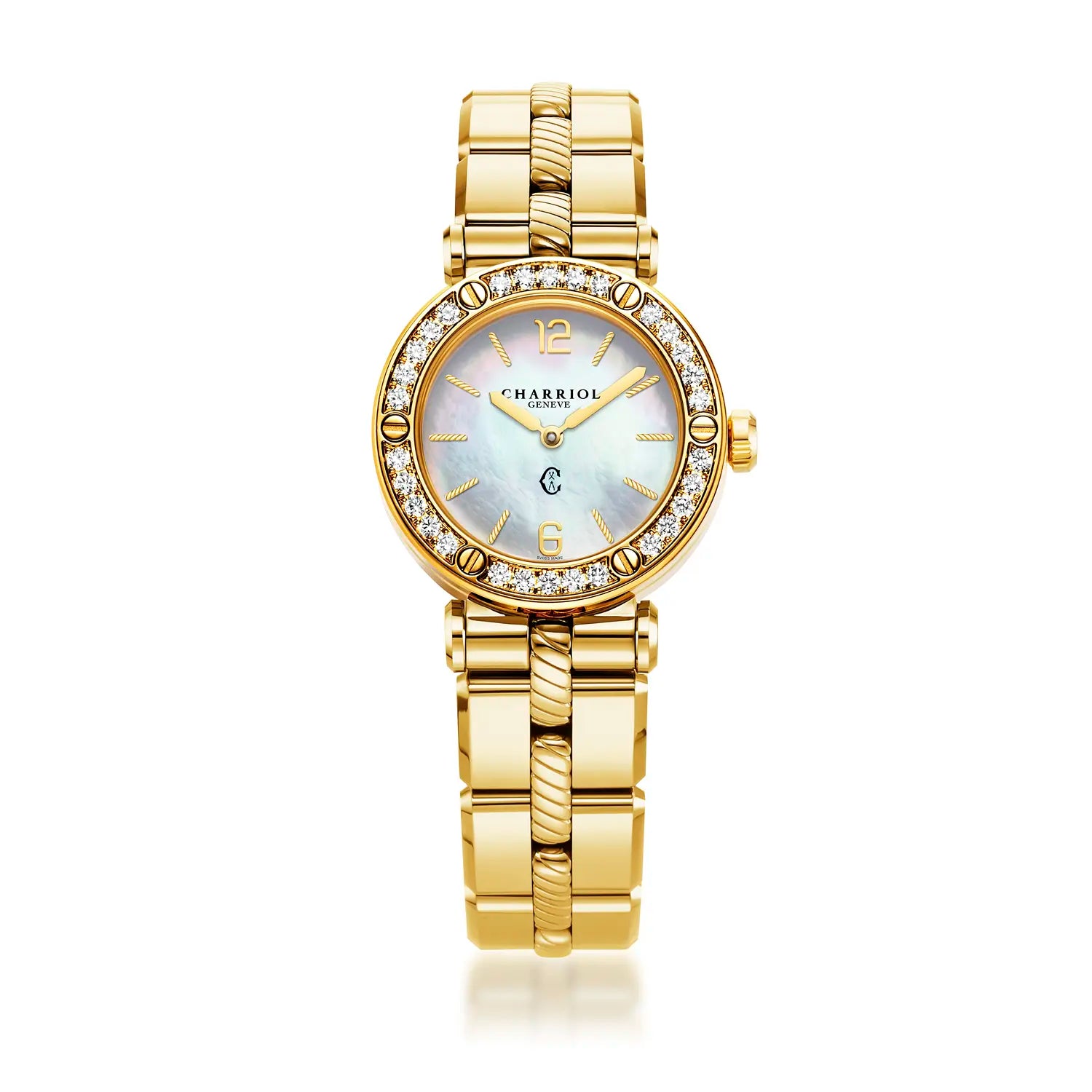 NAVIGATOR CRUISE, 28MM, CALIBRE CUARZO, DIAL DE PERLA MADRE, 30 DIAMANTES BEZEL, PVD ORO ACERO AMARILLO PULSERA INTERCAMBIABLE - Charriol Geneve - Watch