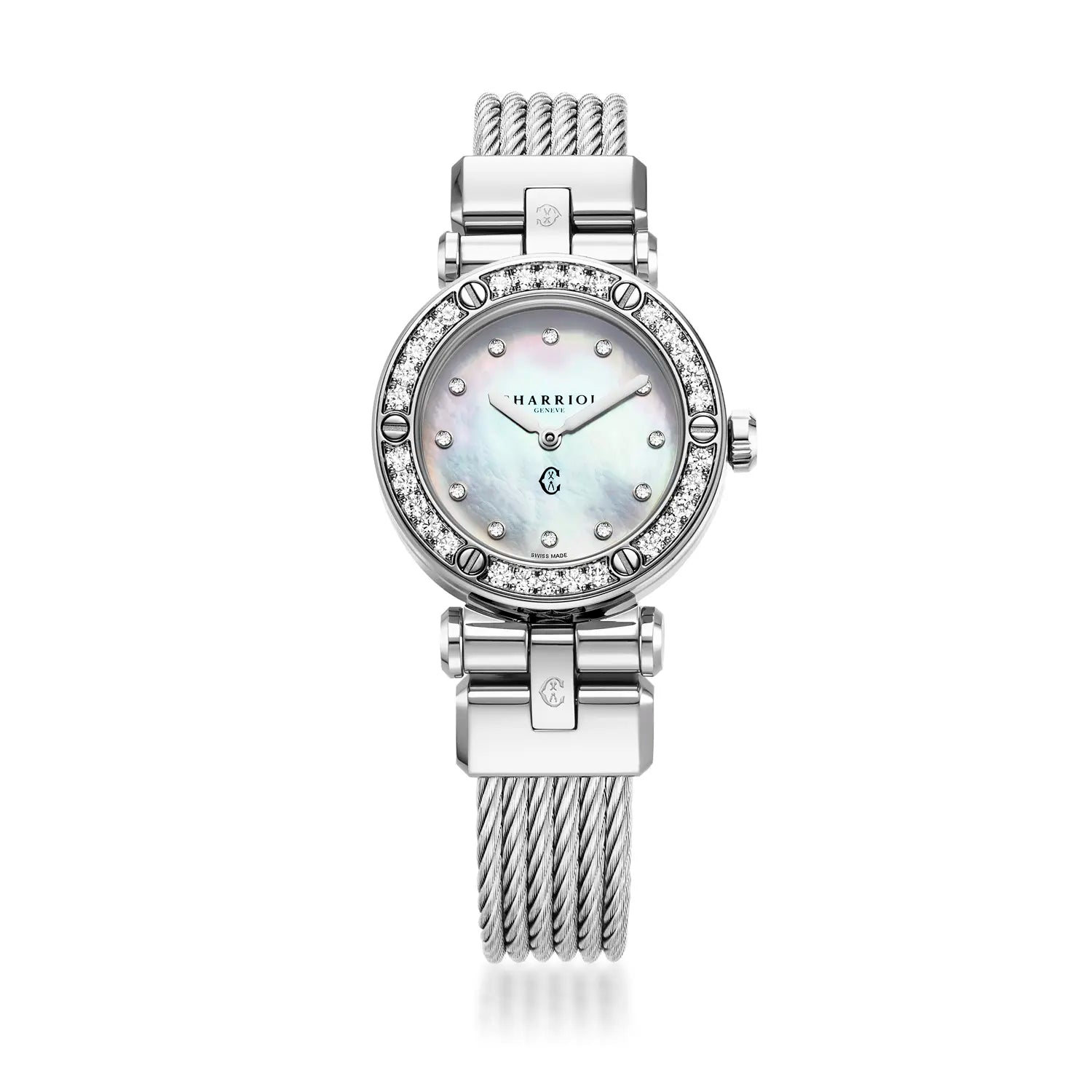 NAVIGATOR CRUISE, 28MM, CALIBRE CUARZO, PERLA MADRE CON 12 DIAMANTES DIAL, 30 DIAMANTES BISEL, CABLE DE ACERO PULSERA INTERCAMBIABLE - Charriol Geneve - Watch