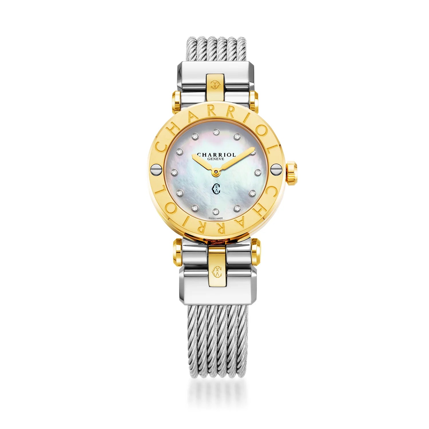 NAVIGATOR CRUISE, 28MM, CALIBRE CUARZO, DIALLA MADREPERLA CON 12 DIAMANTES, BISELCHARRIOL CHARRIOL", PULSERA INTERCAMBIABLE CON CABLE DE ACERO - Charriol Geneve - Relojes