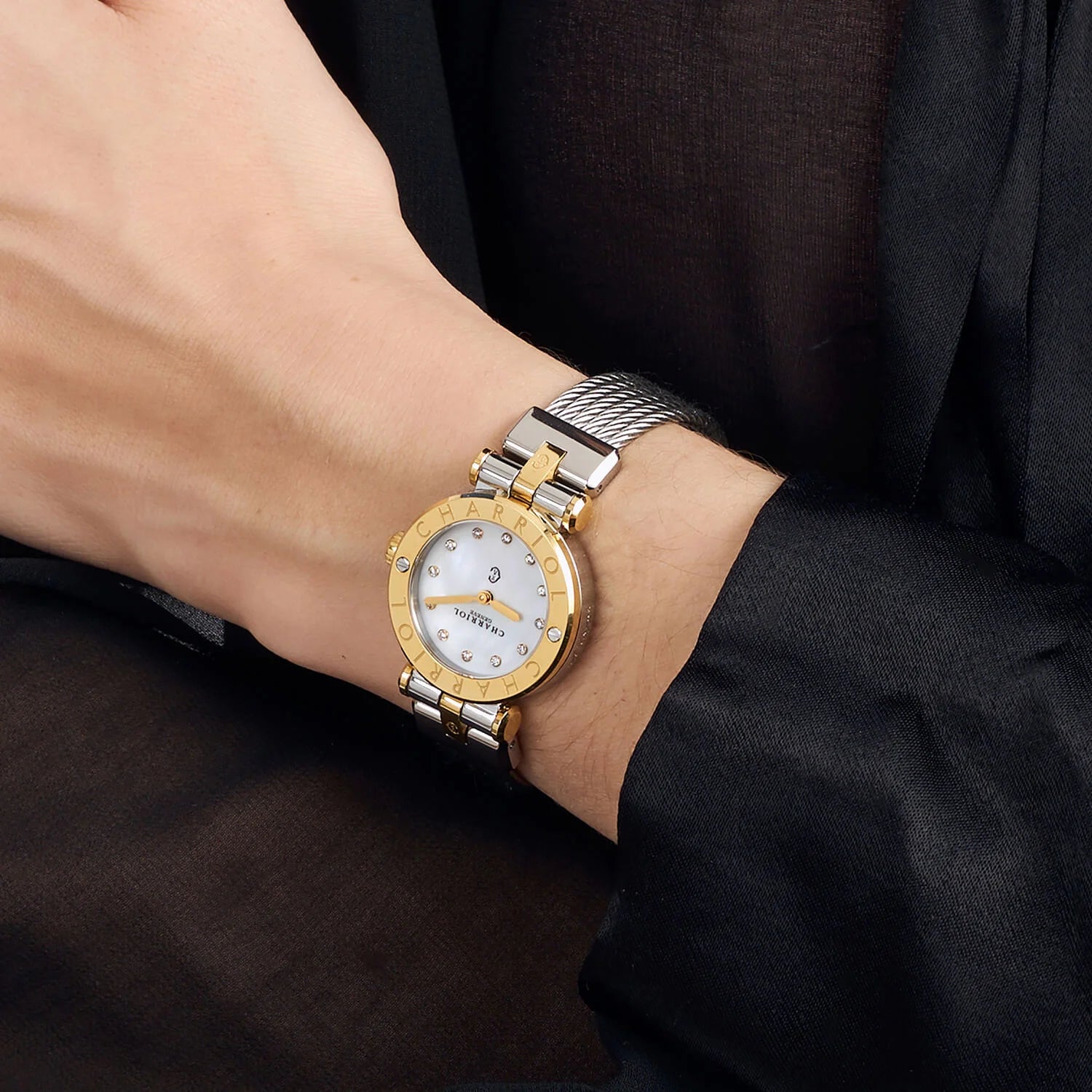 NAVIGATOR CRUISE, 28MM, CALIBRE CUARZO, DIALLA MADREPERLA CON 12 DIAMANTES, BISELCHARRIOL CHARRIOL", PULSERA INTERCAMBIABLE CON CABLE DE ACERO - Charriol Geneve - Relojes