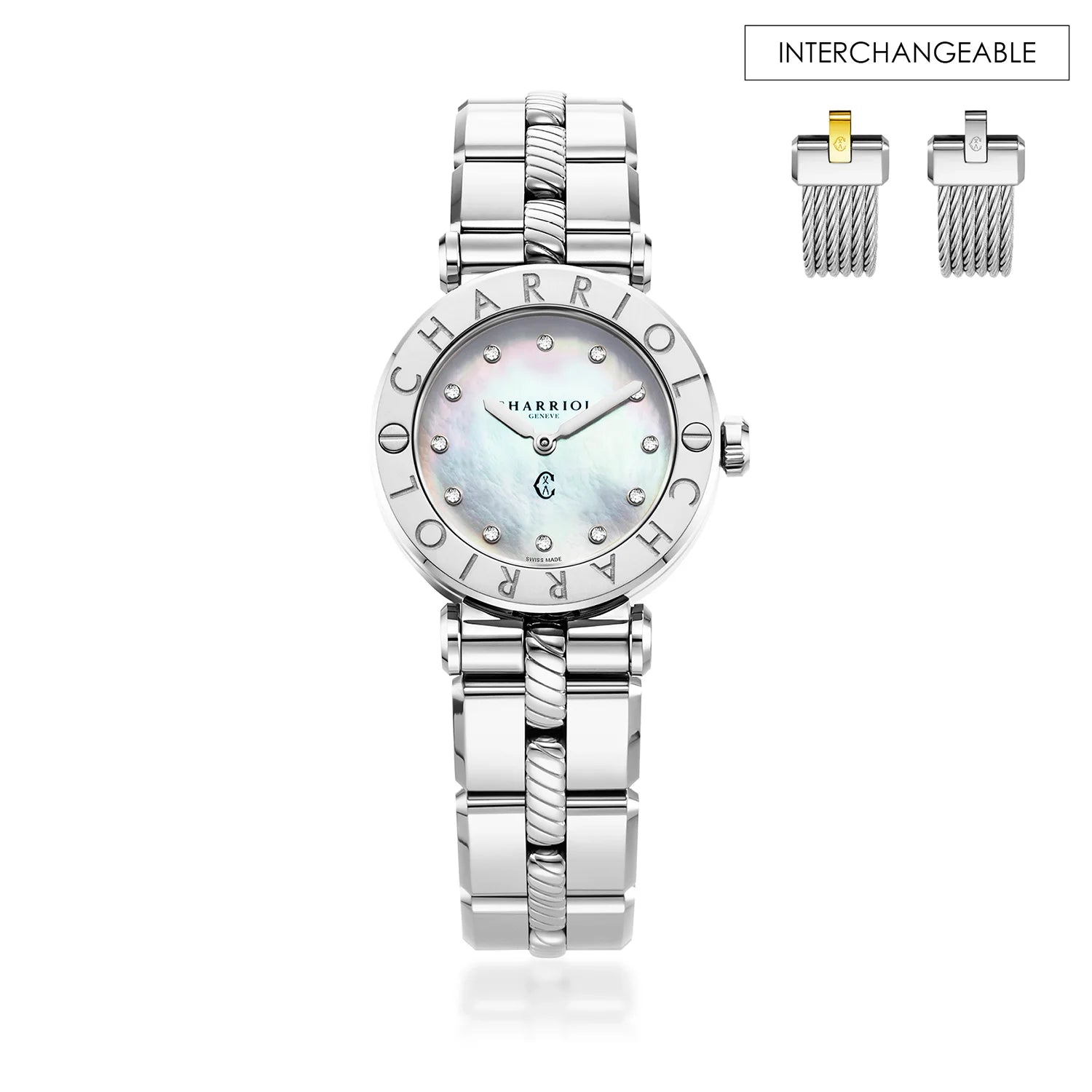 NAVIGATOR CRUISE, 28MM, CALIBRE CUARZO, PERLA MADRE CON 12 DIAMANTES DIAL, "CHARRIOL CHARRIOL " BEZEL, ACERO PULSERA INTERCAMBIABLE - Charriol Geneve - Watch