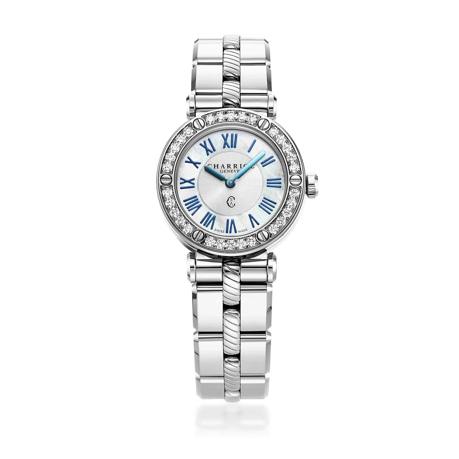 NAVIGATOR CRUISE, 28MM, CALIBRE CUARZO, BLANCO MADRE DE PERLA CON 12 FIGURAS ROMANAS DIAL, ACERO CON 30 DIAMANTES Y 6 TORNILLOS BISEL, PULSERA DE METAL INTERCAMBIABLE - © 2024 Charriol - Reloj