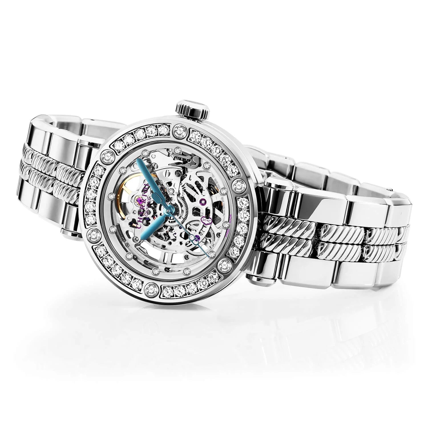 NAVIGATOR CRUISE, 36MM, CALIBRE AUTOMÁTICO DE ESQUELETÓN Charriol , CRISTAL CON 12 DIAMANTES DIAL DE ANILLO INTERIOR, ACERO CON 30 DIAMANTES FULCRO Y 6 DIAMANTES, PULSERA DE METAL INTERCAMBIABLE - © 2024 Charriol - Relojes